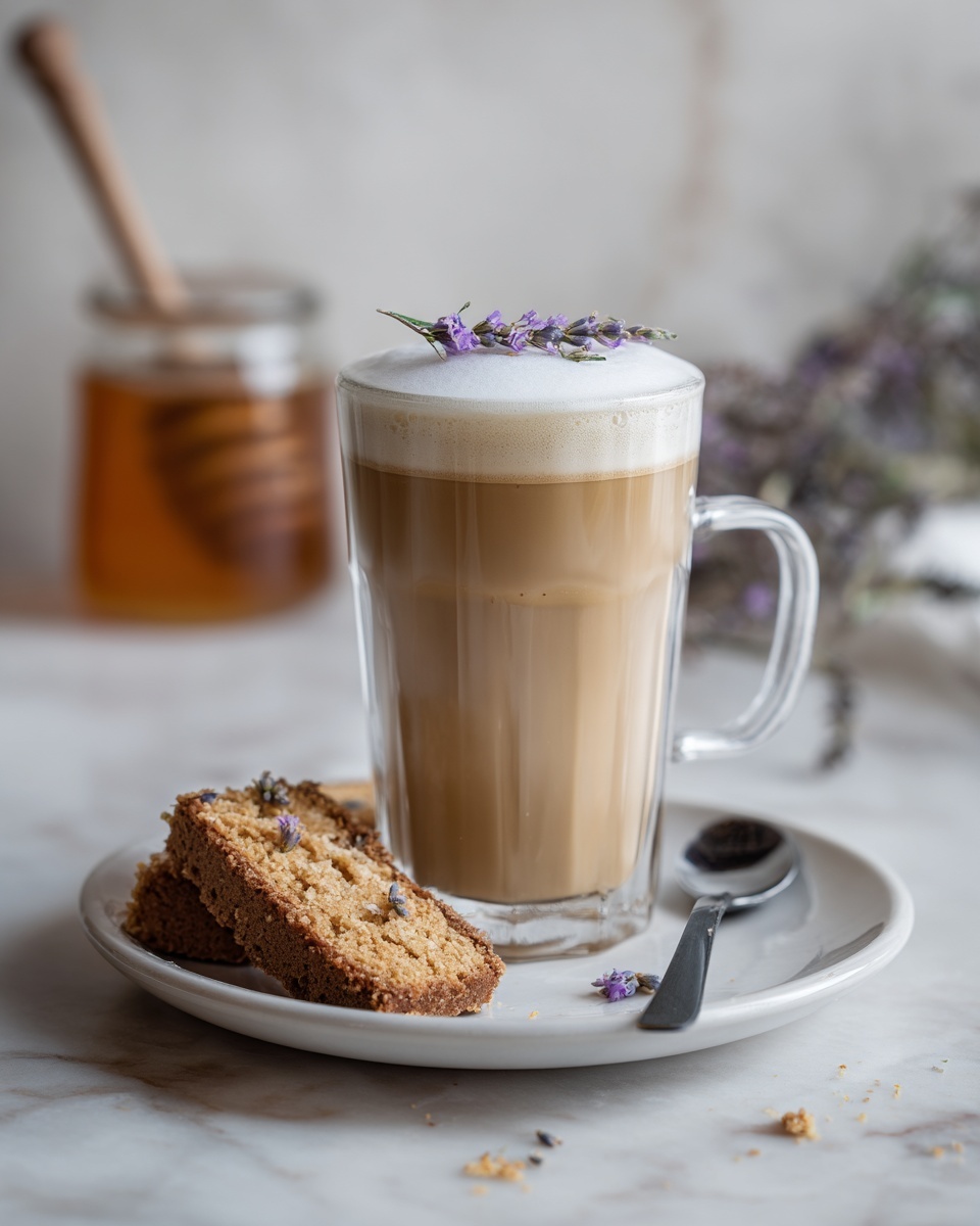 The image shows a tall clear glass cup filled with a light brown creamy drink topped with a thick layer of pale foam. Small purple flower buds are scattered in a neat line on top of the foam. The glass sits in the center of a white plate with a smooth surface, with two torn pieces of brown and white crumbly cake placed on the left side of the glass. On the right side of the plate, there is a small silver spoon with a black handle resting beside the glass. The entire setup is on a white marbled surface, with a blurred jar of honey with a wooden dipper in the background. photo taken with an iphone --ar 4:5 --v 7