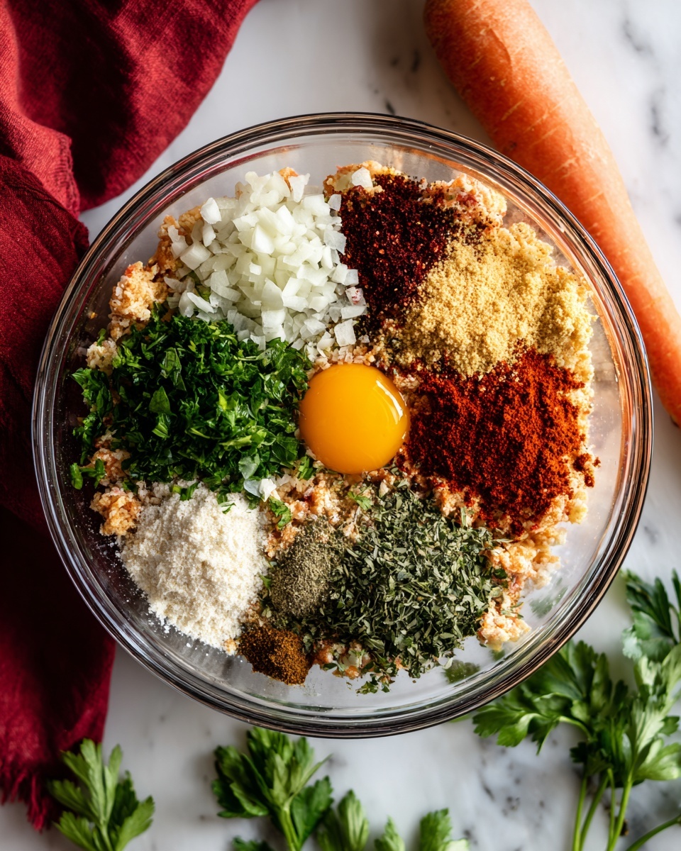 A clear glass bowl filled with a mix of ingredients arranged in separate piles on top of ground meat. From the top left clockwise, there are small white chopped onions, light beige breadcrumbs, dark red chili powder, white grated cheese, light green dried herbs, medium green dried herbs, black pepper, dark red paprika, and fresh chopped green parsley. In the center, there is one raw egg yolk. The bowl is placed on a white marbled surface with a full carrot on a red cloth in the background, and some celery and parsley leaves scattered around. photo taken with an iphone --ar 4:5 --v 7