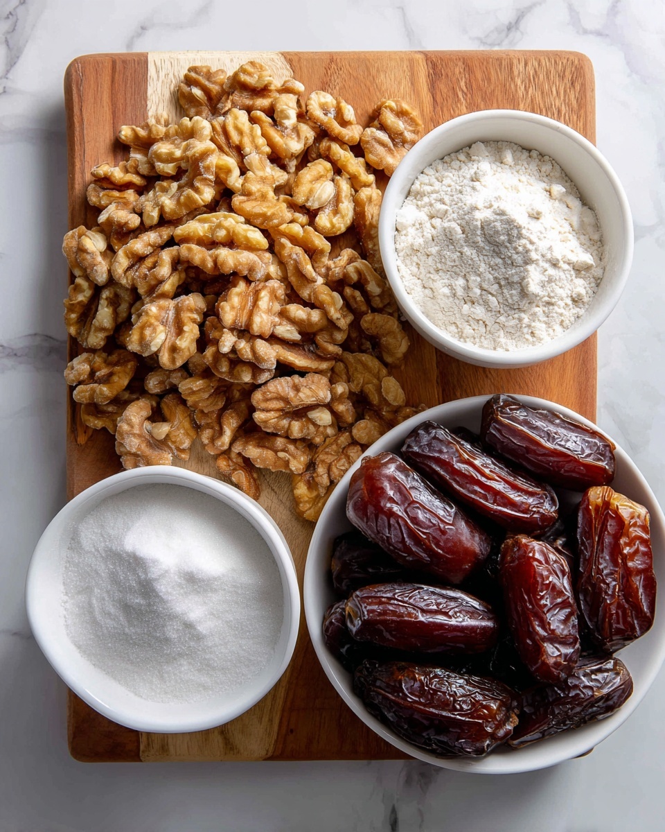 The image shows a wooden board filled with different ingredients arranged in groups. On the left side, there is a pile of light brown walnut pieces with rough texture. Next to them, on the right, is a group of shiny, dark brown dates with wrinkled skin. Behind these ingredients, there are two bowls placed side by side on the board. The bowl on the left is white and filled with white flour that has a soft, powdery texture. The bowl on the right is also white and filled with white sugar that looks granulated and fine. The background surface is a white marbled texture. Photo taken with an iphone --ar 4:5 --v 7