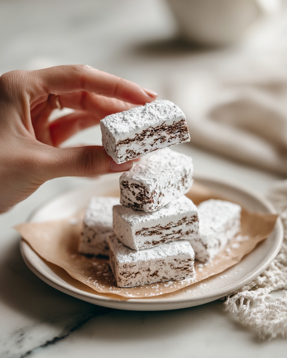 A close-up view shows a woman's hand holding a small rectangular treat covered in a white powdery layer with dark brown spots visible underneath. Below, three more treats are stacked on top of each other on a white plate lined with light brown parchment paper. More similar treats lie scattered on the parchment, with the background softly blurred. The surface below the plate has a light fabric partially visible, and the overall setting is on a white marbled texture. photo taken with an iphone --ar 4:5 --v 7