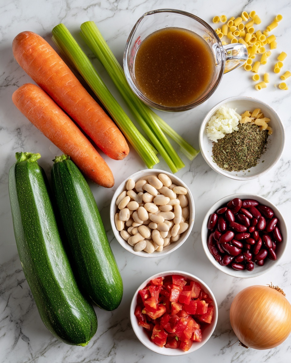 The image shows several cooking ingredients arranged on a white marbled surface. There are two whole green zucchinis placed horizontally near the bottom left. Above them, three orange carrots and three green celery stalks are laid out. To the right of the zucchinis and vegetables, are small white bowls: one filled with light beige white cannellini beans, another with dark red kidney beans, a third with minced garlic that is pale yellow, and a small white bowl holding greenish Italian seasoning. A white bowl filled with bright red diced tomatoes is at the bottom right. Near the top is a clear glass measuring cup filled with brown broth. Scattered around the bottom left corner is some small yellow ditalini pasta. There is a whole light brown onion placed near the center right. The labels are written in black and white text above each ingredient. Photo taken with an iphone --ar 4:5 --v 7