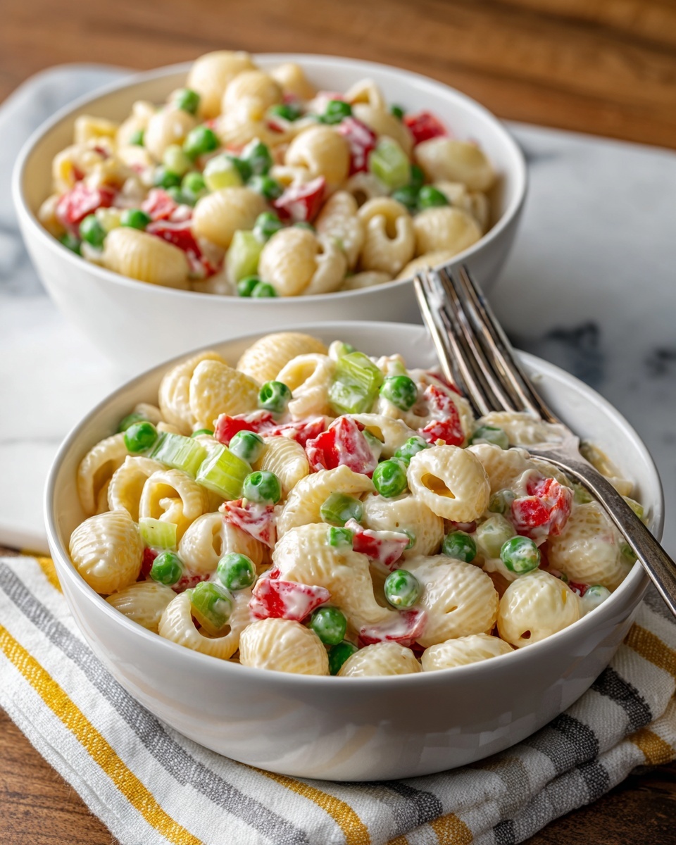 Two white bowls filled with creamy pasta salad sit on a white marbled surface. Each bowl contains three main layers: small shell pasta coated in a white creamy sauce, bright green peas scattered evenly throughout, and pieces of diced red bell pepper mixed with light green celery slices. The pasta shines with a smooth texture, while the peas are round and fresh looking. The bowls rest on a folded white cloth with yellow and grey stripes, and one bowl has a fork partially inside, with a few peas and pasta on it. The background is a wooden surface visible around the bowls. Photo taken with an iphone --ar 4:5 --v 7