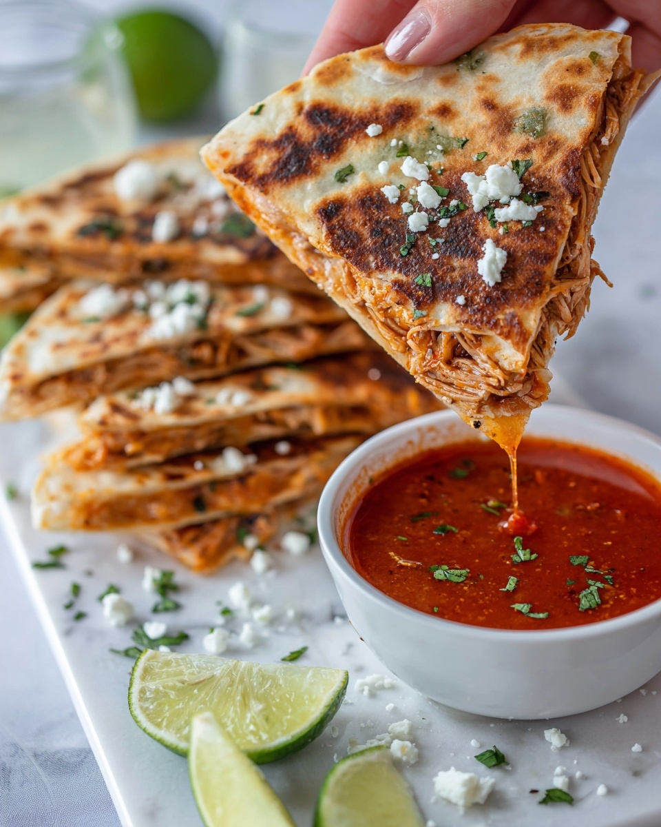 A close-up view shows a woman's hand holding a folded quesadilla with three visible layers: a browned, slightly charred tortilla on the outside with green sauce spots, a layer of shredded meat that is orange-brown, and melted cheese peeking out. The quesadilla is being dipped into a white bowl filled with smooth red sauce that has small green bits floating inside. The bowl sits on a white marbled surface. In the background, a white plate holds more quesadilla pieces topped with small white cheese crumbles and green herbs, while lime halves and a glass of water with lime slices are scattered nearby. Drops of red sauce drip from the quesadilla into the bowl photo taken with an iphone --ar 4:5 --v 7