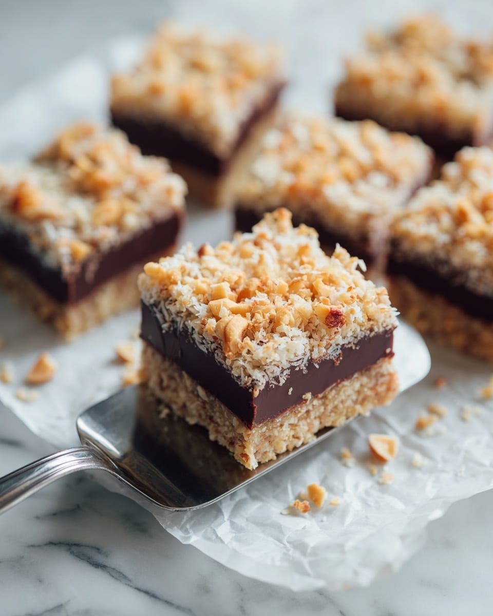 The image shows several small square bars with three visible layers: a dark brown melted chocolate layer at the bottom, a middle layer of light toasted coconut flakes, and a top layer covered with chopped golden-brown nuts, giving a rough texture. One bar is being lifted by a silver spatula, showing the layers and crumbly texture clearly. The bars are placed on wrinkled white parchment paper, all set against a white marbled surface. The colors are warm and inviting with a mix of brown, gold, and cream tones. photo taken with an iphone --ar 4:5 --v 7