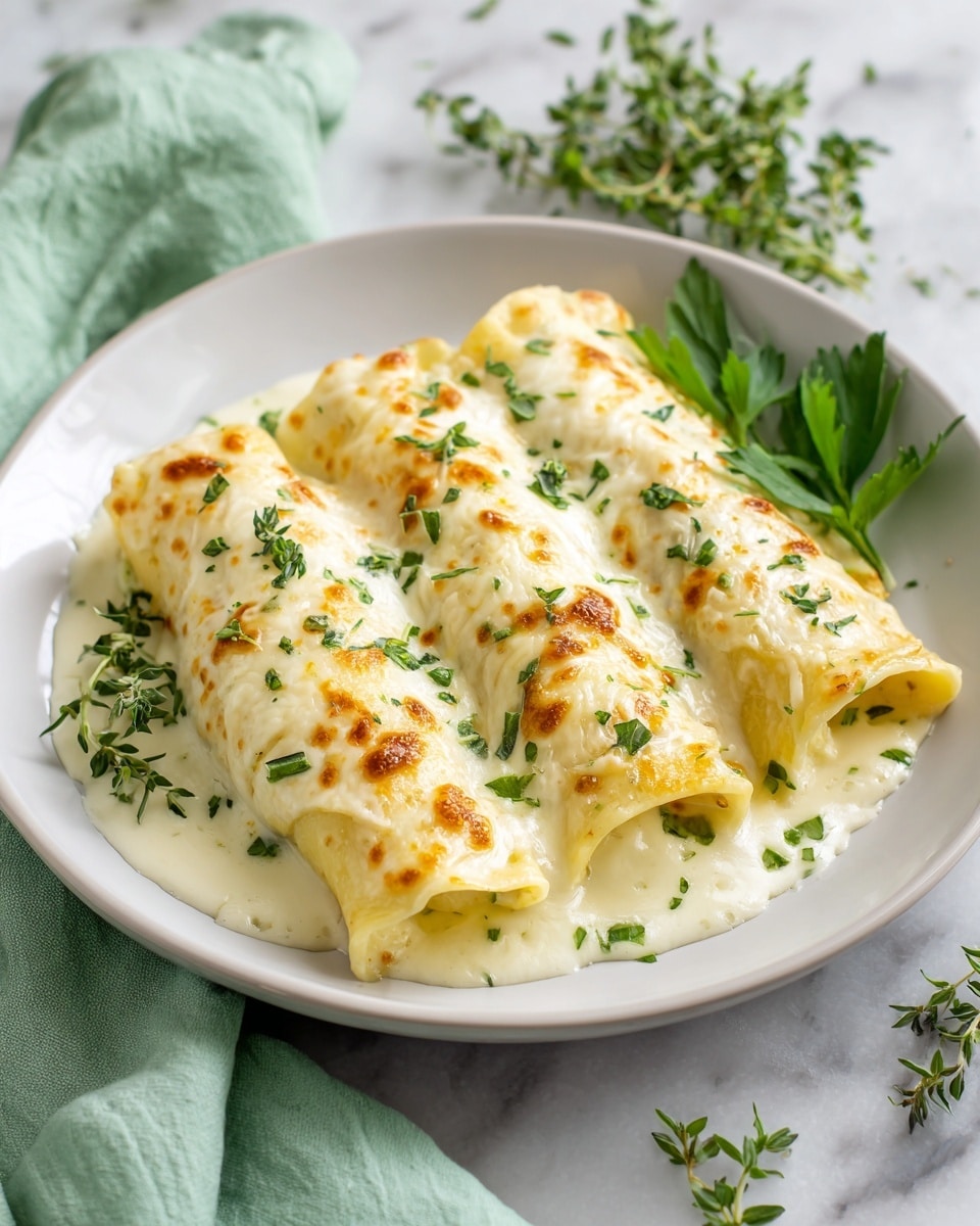 The dish shows three rolled pasta tubes covered with a creamy white cheese sauce, with golden brown spots from baking on the top. Bright green herb pieces are scattered over the sauce for color. The pasta looks soft and filled, with cheese sauce pooling lightly around the edges. It is served on a white plate with a few fresh green herb sprigs on the side, placed on a white marbled surface with a pale green cloth in the background. photo taken with an iphone --ar 4:5 --v 7