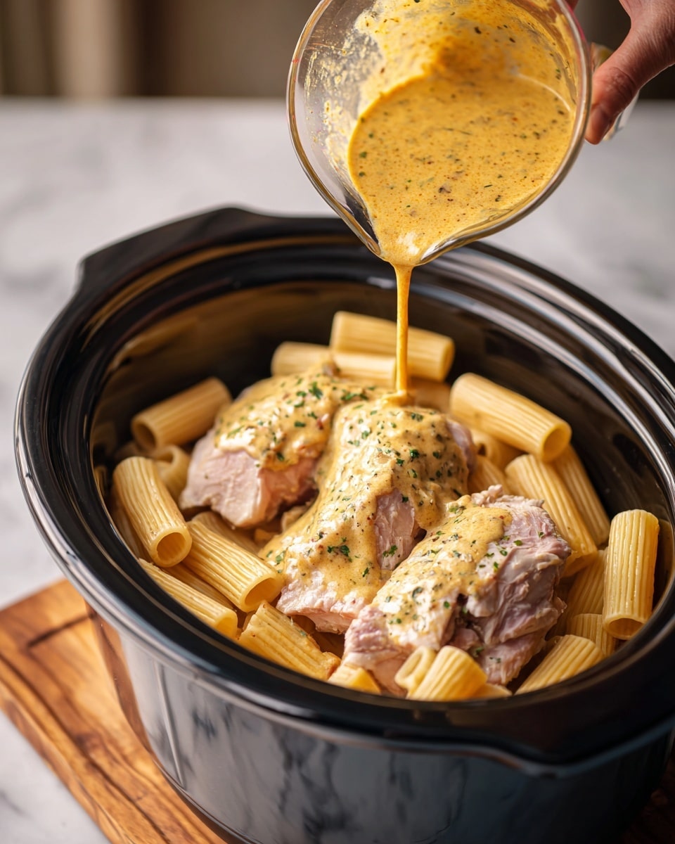 A close-up view of a black slow cooker filled with three raw pale pink chicken pieces placed on top of short tubular, beige pasta rigatoni. A woman’s hand is holding a clear glass measuring cup, pouring a thick creamy orange-yellow sauce with green herb specks over the chicken and pasta. The slow cooker sits on a white marbled surface with a wooden board blurred in the background. The texture of the sauce is smooth with visible bits of herbs, creating a rich layer over the chicken and pasta photo taken with an iphone --ar 4:5 --v 7