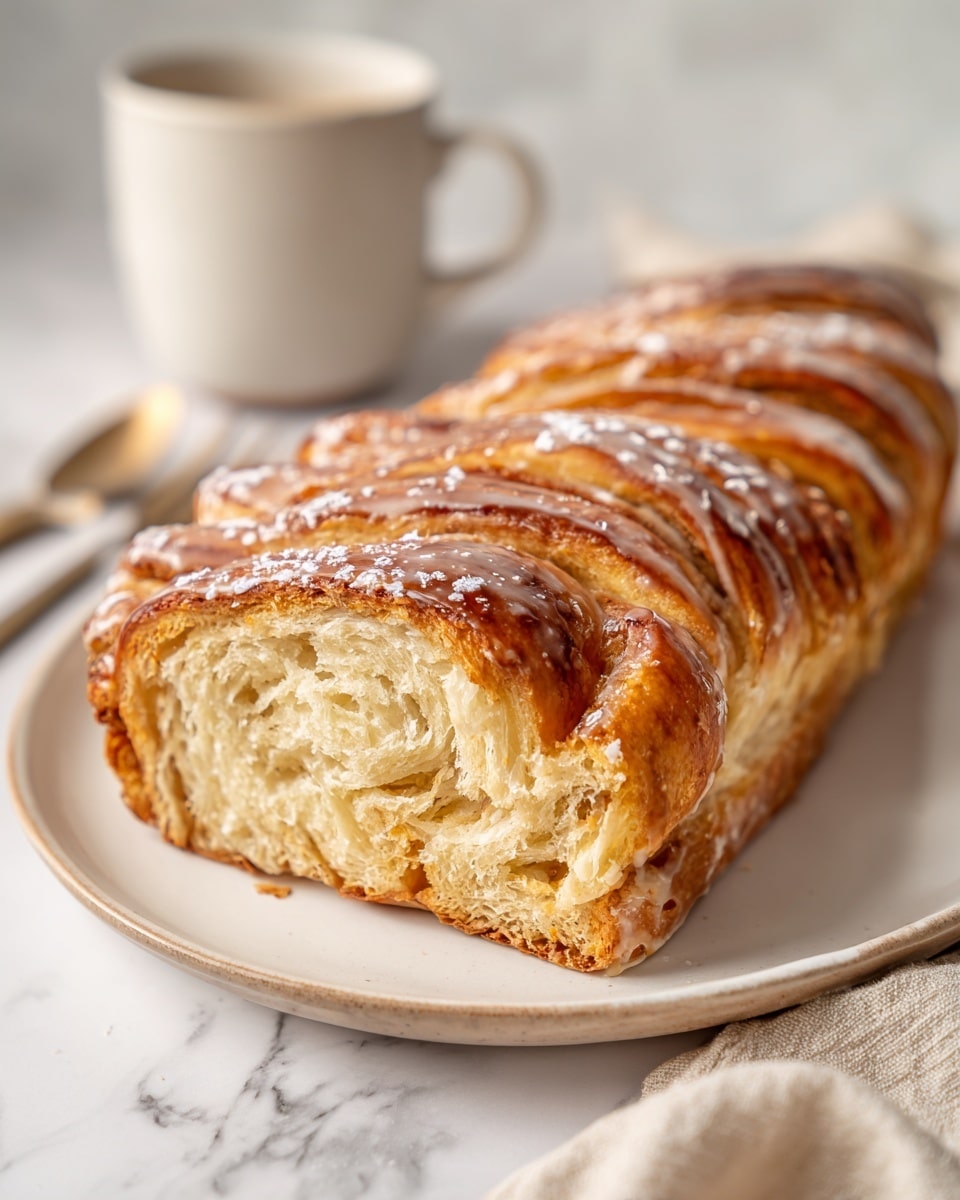 A soft, golden-brown, braided pastry rests on a simple white plate, showing multiple flaky layers and swirls with a shiny glaze on top, lightly dusted with powdered sugar. The bread is thick with a visible soft crumb inside, and the flaky outer layers have a slightly crispy texture. The plate lies on a white marbled surface with a light beige cloth nearby, and a white cup is placed in the background, adding a calm, cozy feel to the scene. photo taken with an iphone --ar 4:5 --v 7