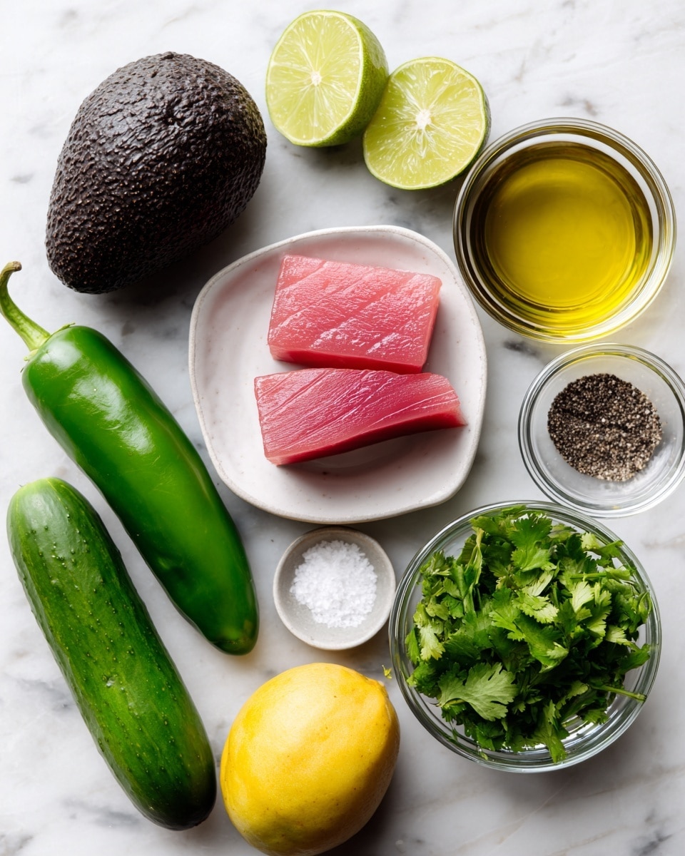 The image shows fresh ingredients arranged on a white marbled surface. There is a whole dark brown avocado with a rough texture near the top center, beside a small white dish holding two bright pink slices of ahi tuna with smooth surface. To the left of the avocado is a green jalapeño with a shiny smooth skin, and below it is a long, dark green cucumber with a slightly bumpy surface. Below the avocado sits a yellow mango with a smooth and slightly dimpled skin. To the right of the mango are two clear glass bowls, one filled with pale yellow lime juice and the other with golden extra virgin olive oil, both showing smooth liquid surfaces. To the right of the glass bowls, there is a small bright green lime and another clear glass bowl full of fresh green cilantro leaves with a textured surface. Near the center bottom is a small bowl with white salt and black pepper, showing a grainy texture. Everything is neatly placed and well-lit to show the natural colors clearly. Photo taken with an iphone --ar 4:5 --v 7