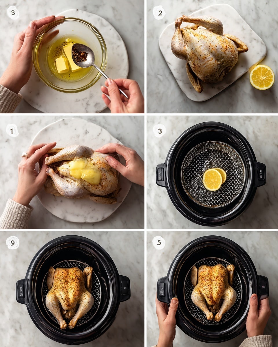 The image shows a step-by-step cooking process in eight frames on a white marbled surface. Frame 1 has a small glass bowl with yellow butter and some brown spices inside. Frame 2 shows a woman's hand holding the bowl with an upside down spoon above it. Frame 3 shows a raw chicken lying on a white marbled surface, being prepared. Frame 4 shows the chicken with the woman's hand spreading the butter and spices mixture under the skin of the chicken. Frame 5 shows the chicken on the woman's hand with a slice of lemon placed inside it. Frame 6 shows the chicken placed inside a black round cooking basket, with the woman's hand holding the basket. Frame 7 shows the chicken inside a black slow cooker with the lid removed. Frame 8 shows the cooked chicken, browned and crispy, inside the same black slow cooker, fresh from a broil/grill step. Photo taken with an iphone --ar 4:5 --v 7