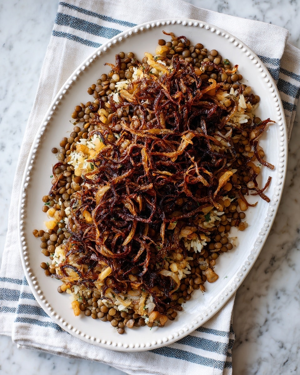 The dish is served on a white oval plate with small bead-like detailing around the edge, placed on a folded white cloth with blue stripes, all set on a white marbled texture surface. It has two main layers: the bottom layer is a mix of light brown lentils and pale beige rice, creating a textured base with small round and elongated shapes. On top, a thick layer of dark brown to almost black fried onions is spread in a long strip across the center, adding a crispy and stringy texture with some golden highlights. The overall look balances earth tones with a mix of soft and crunchy elements. Photo taken with an iphone --ar 4:5 --v 7