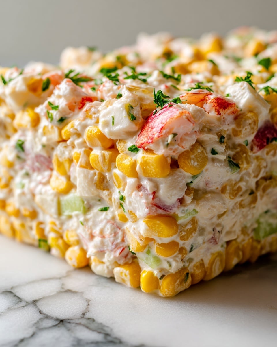 The image shows a close-up of a creamy salad with several layers mixed together. The base layer consists of small, bright yellow corn kernels scattered throughout. On top of the corn are chunks of pale white and pink crab meat pieces with smooth textures. Intermingled with the crab and corn are pieces of light green celery and small green herb bits, likely parsley, adding a fresh contrast. The entire salad is coated in a thick, white creamy dressing that binds the ingredients together. The background is a white marbled surface. photo taken with an iphone --ar 4:5 --v 7
