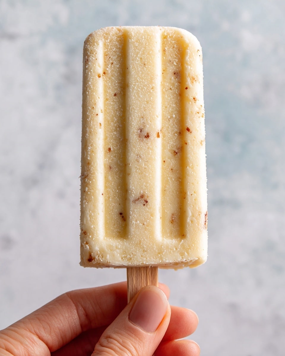 This image shows a close-up of a frozen popsicle held by a woman's hand. The popsicle has a creamy, pale yellow color with visible specks of darker brown pieces inside, giving it a textured look. The popsicle has three vertical grooves running down its length, and its surface looks cold and slightly frosty. The wooden stick is partially visible at the bottom. The background has a soft blur with a white marbled texture, making the popsicle stand out clearly. photo taken with an iphone --ar 4:5 --v 7