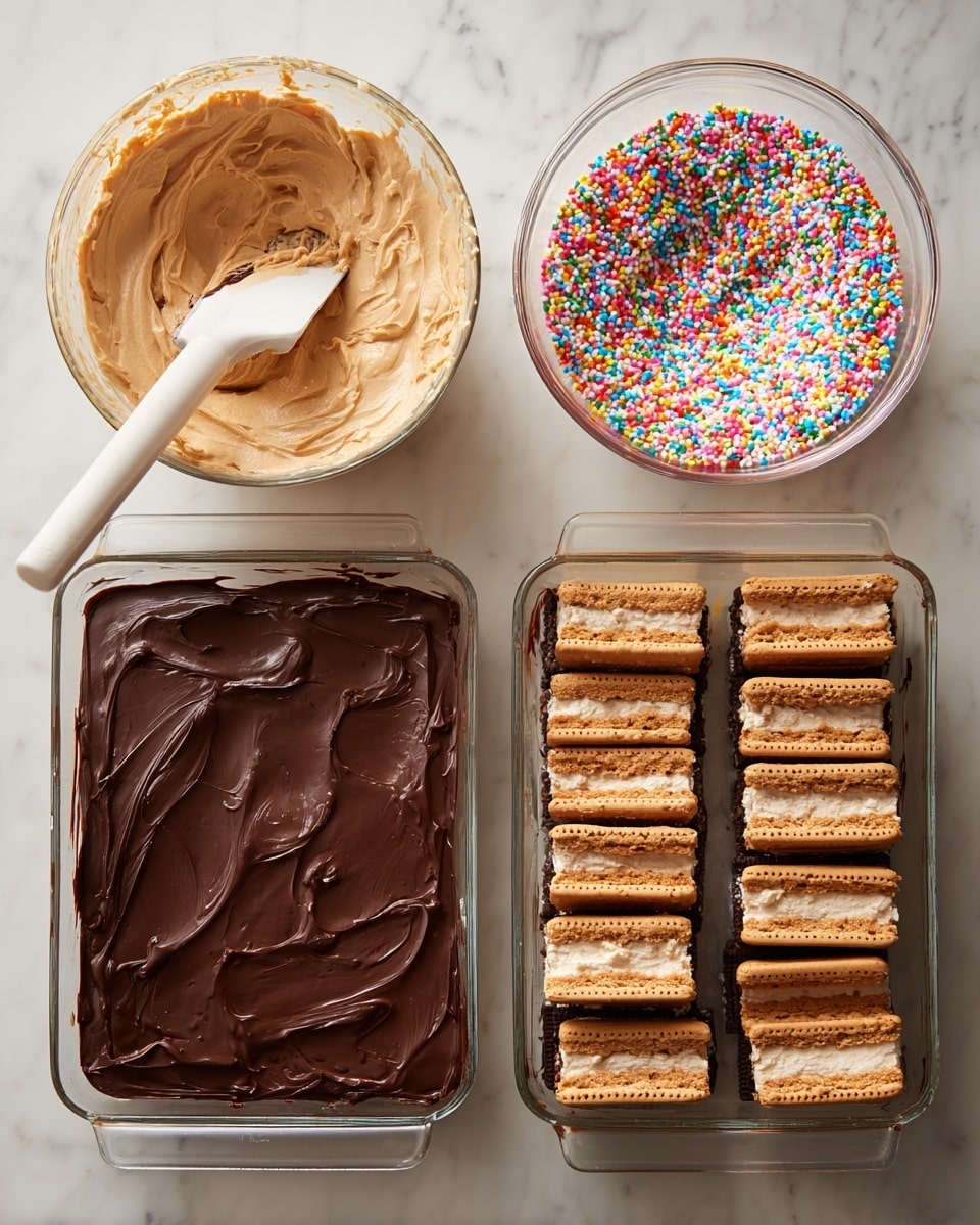 A glass square dish on a white marbled surface shows four steps of dessert making: 1) A clear glass bowl filled with light brown creamy mixture with colorful rainbow sprinkles on top and a white spatula inside, 2) A layer of rectangular chocolate sandwich cookies arranged closely in a single layer at the bottom of the dish, 3) The same cookies covered with a smooth, dark chocolate layer spread evenly over them, 4) A thick top layer of light brown creamy mixture with tiny specks of rainbow sprinkles spread evenly over the dark chocolate layer, covering it fully. photo taken with an iphone --ar 4:5 --v 7
