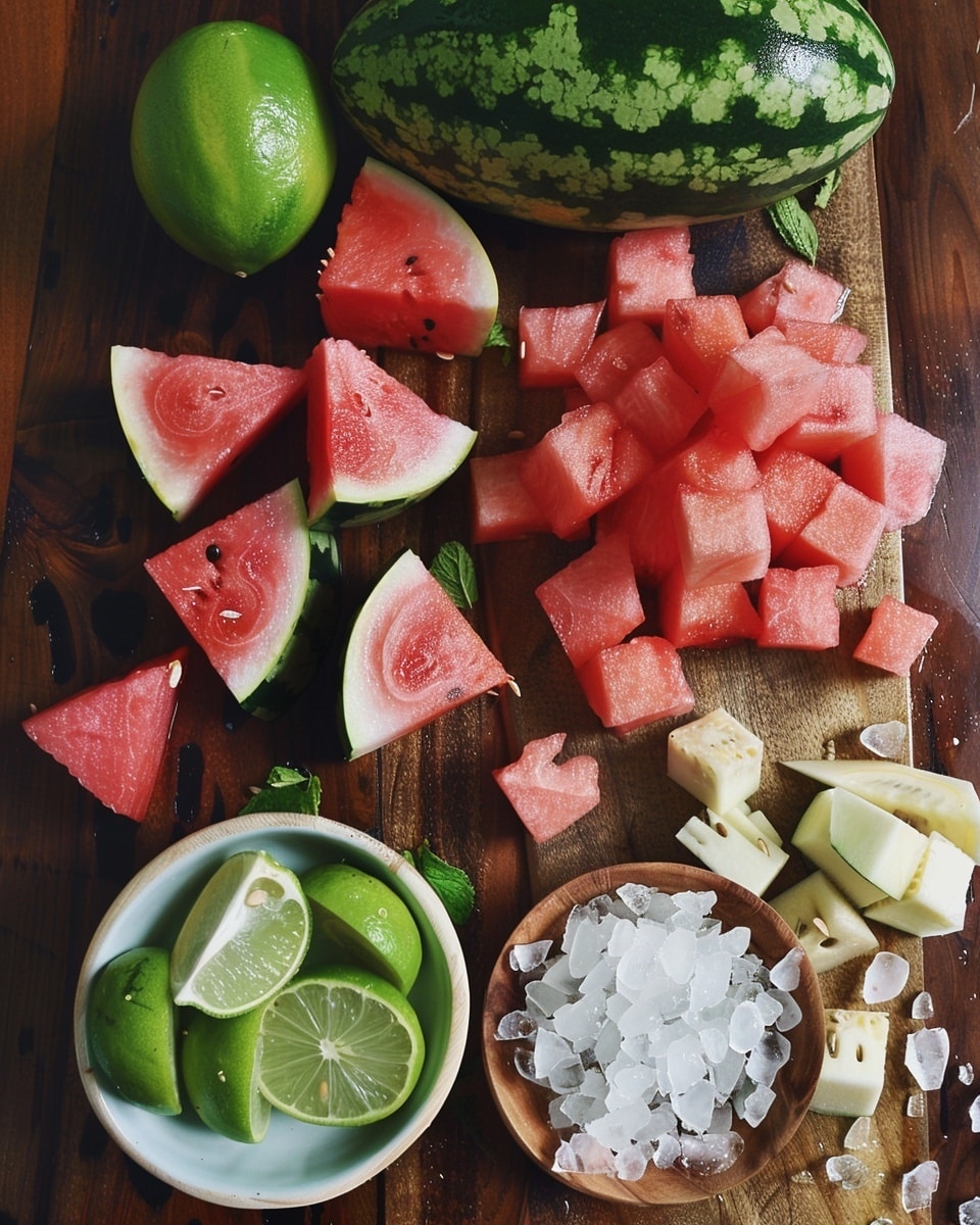 The image on the right shows two clear glass glasses filled with a pink creamy drink mixed with small chunks of red and white pieces. The drink has a slightly frothy texture with visible bits of red fruit scattered throughout. Behind the glasses is a large clear glass pitcher filled with the same pink drink, and in front of them are two thick triangular slices of red watermelon with green rind placed on a small wooden board. All items sit on a blue surface with a woven straw mat underneath the board and glasses, while the background is a dark grey textured wall. photo taken with an iphone --ar 4:5 --v 7