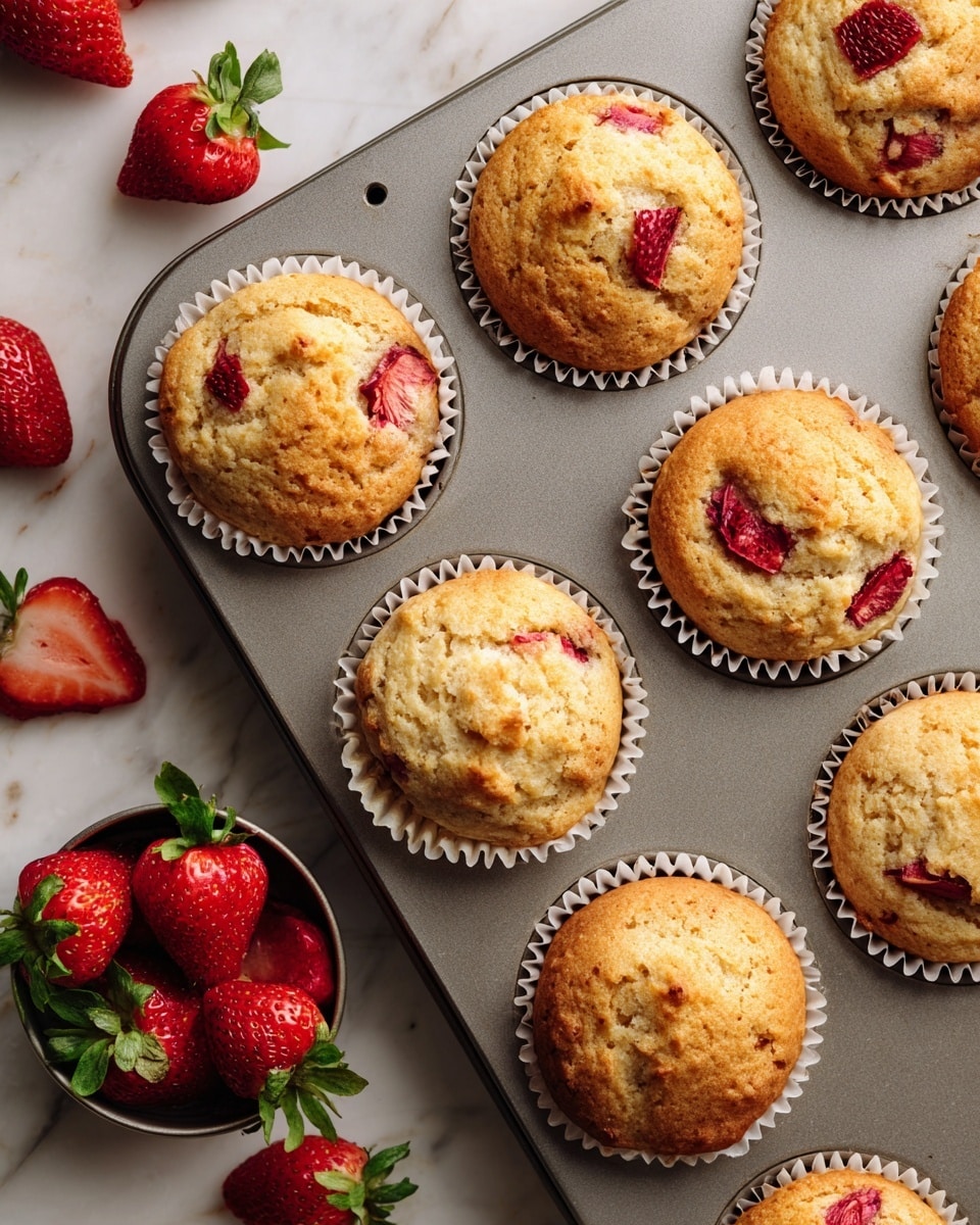 A tray of eleven golden-brown muffins studded with pieces of red strawberries baked in white paper liners is shown from above. The muffins have soft, slightly cracked tops and are placed in a gray metal muffin pan with one empty muffin slot filled with several fresh red strawberries with green leaves. The background is a white marbled surface with some cut strawberries scattered nearby. The image captures a neat, fresh, and inviting look of the muffins and strawberries. photo taken with an iphone --ar 4:5 --v 7