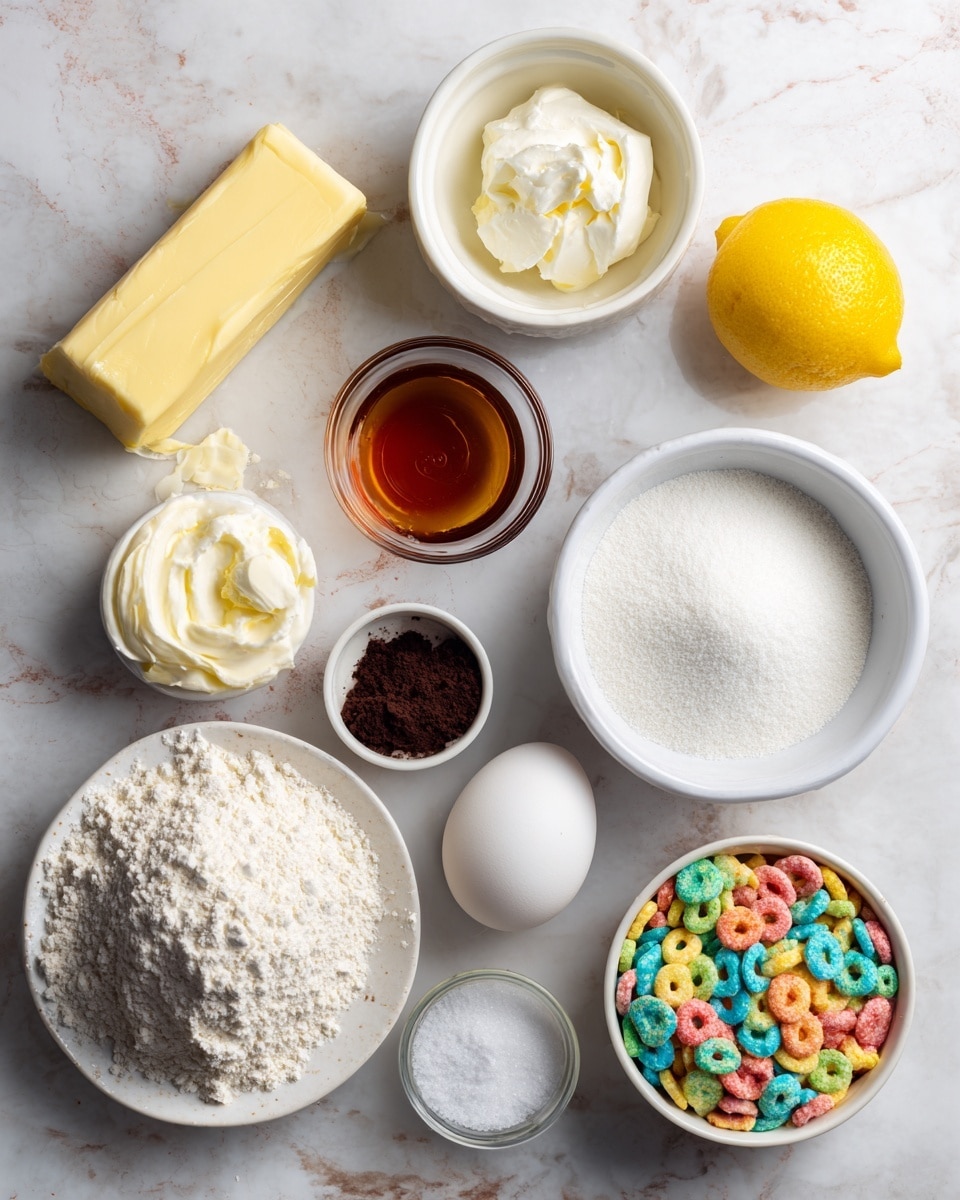 A top-down view of various baking ingredients arranged neatly on a white marbled surface. In the top left, a pale yellow stick of butter sits next to a small white bowl with a dollop of cream cheese. Nearby, a large white bowl is filled with white sugar. Below these, a small glass bowl contains amber vanilla extract, and a whole white egg is positioned next to it. Lower left features a white plate heaped with white flour, while a small white bowl holds dark brown sugar beside it. To the right, a bright yellow lemon sits whole. At the bottom, two small white bowls contain white baking soda and salt, and finally, a white bowl filled with colorful Fruity Pebbles cereal sits on the far right. photo taken with an iphone --ar 4:5 --v 7
