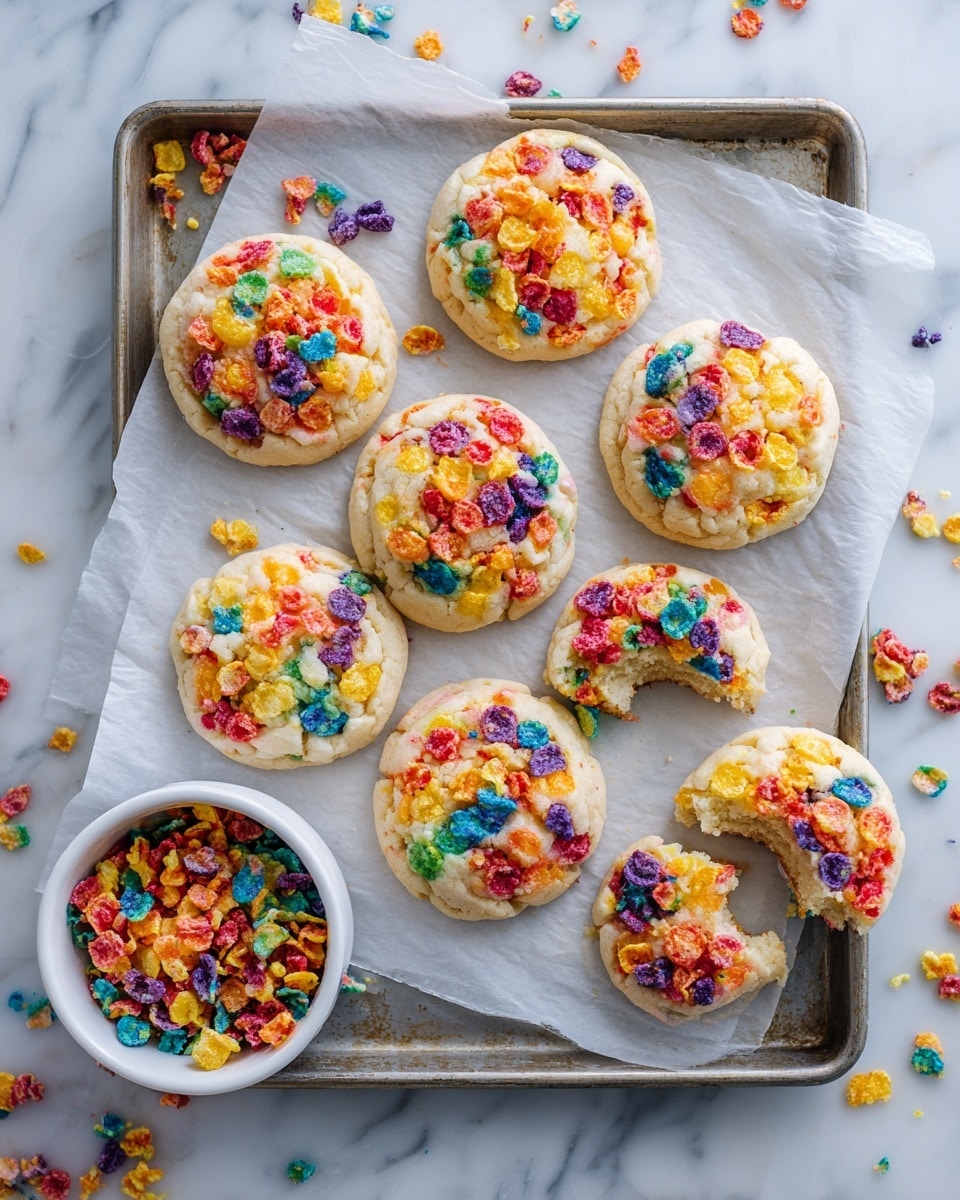 Nine round cookies, each topped with bright, multicolored cereal pieces in red, yellow, orange, blue, purple, and green, are placed on a white parchment paper covering a metal baking tray. The cookies have a soft, doughy texture with cereal pieces pressed into the surface, creating a colorful mosaic. One cookie in the lower right corner has a bite taken from it, showing a pale dough interior. A small white bowl filled with more of the colorful cereal sits on the baking tray’s left side. Some loose cereal pieces are scattered around the cookies on the parchment. The photo is taken from above on a white marbled surface. Photo taken with an iphone --ar 4:5 --v 7