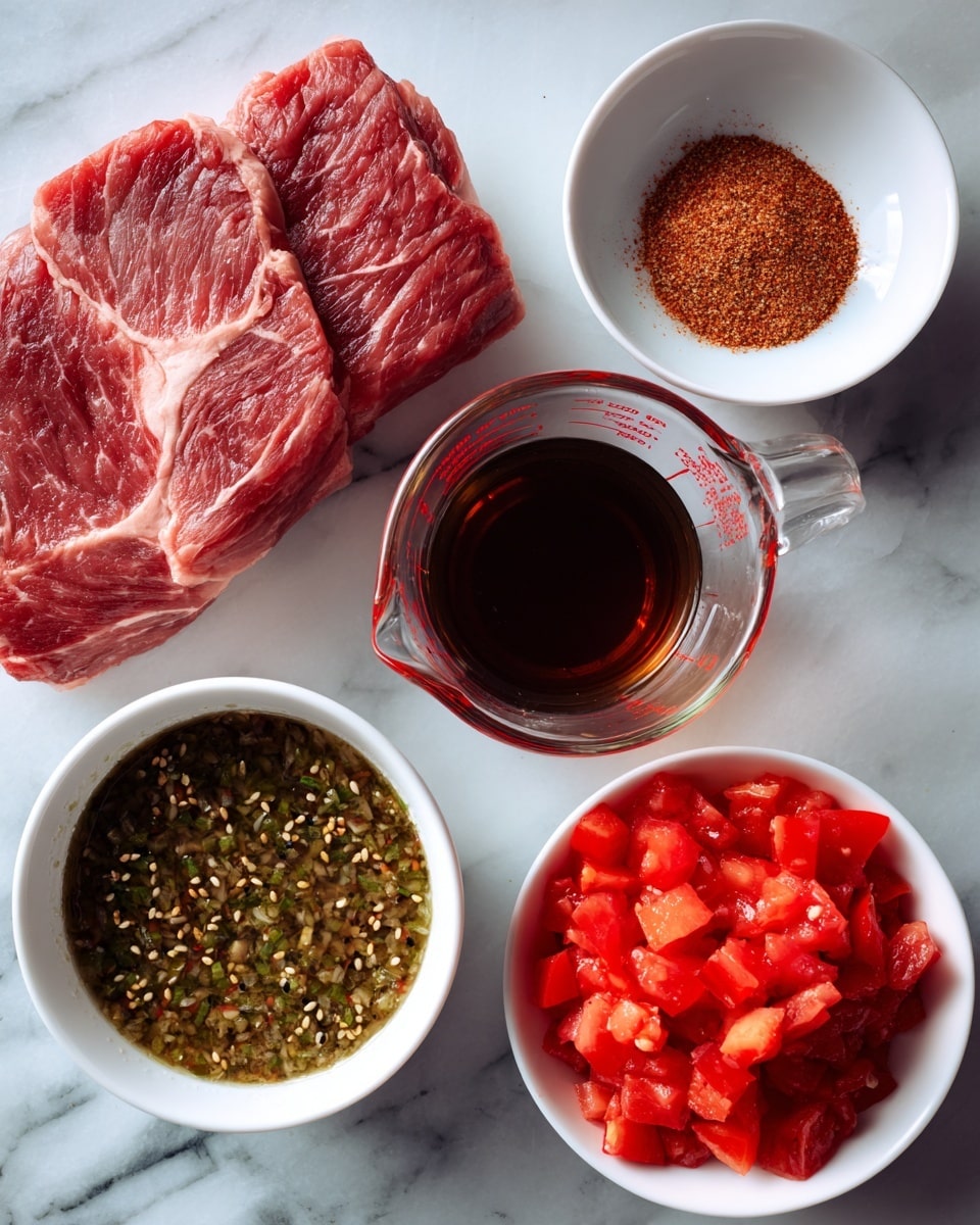 The image shows five separate ingredients displayed on a white marbled surface. On the left side, there is one large raw beef steak with visible marbling and veins of fat, sitting flat on the surface. On the top right, there is a white bowl filled with a dry, fine reddish-brown spice mix. Below that is a clear glass measuring cup holding a dark brown liquid. Below this is a white bowl filled with chunky, bright red diced tomatoes with some juice. In the bottom left corner, there is a white bowl filled with a green sauce that has small seeds and bits visible, creating a slightly textured surface. photo taken with an iphone --ar 4:5 --v 7
