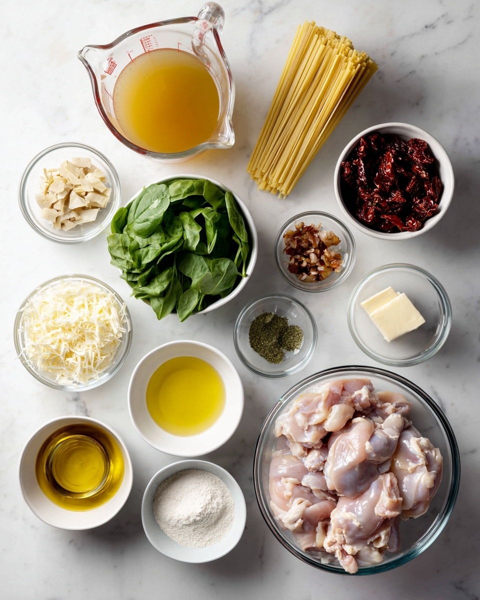 The image shows a set of ingredients arranged on a white marbled surface, all in clear or white bowls and containers. There is a large clear glass bowl with raw boneless chicken thighs at the bottom right. To the left of it is a small white bowl filled with shredded Parmesan cheese. Above this, a small clear bowl holds dried shallots beside a bowl of minced onions. Next to these, there is a white bowl filled with dark red sun-dried tomatoes. A small clear bowl with yellow sun-dried tomato oil sits beside a box of pasta leaning upright. On the left side, a large clear measuring cup contains golden chicken broth. Above it, a white bowl is full of fresh green spinach leaves. Moving further left and up, small clear bowls hold fresh green basil and a mixture of seasonings in reddish, pale yellow, and green hues. Above the chicken, there is a small metal bowl with a piece of butter, a small bowl of white flour, and a clear measuring cup with smooth white heavy cream. All the items are set neatly spaced from each other in a flat layout on the white marbled surface. Photo taken with an iphone --ar 4:5 --v 7