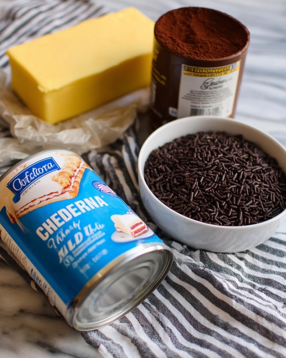 The image shows a close-up of baking ingredients placed on a white marbled surface with a striped cloth underneath. There is an open can of sweetened condensed milk lying on its side in the foreground, with a blue and white label showing a slice of pie. Behind it, to the right, there is a brown container of cocoa powder standing upright. A white bowl filled with dark brown chocolate sprinkles is placed behind the can and container. To the left, there is a partially opened stick of yellow butter resting on the cloth. photo taken with an iphone --ar 4:5 --v 7