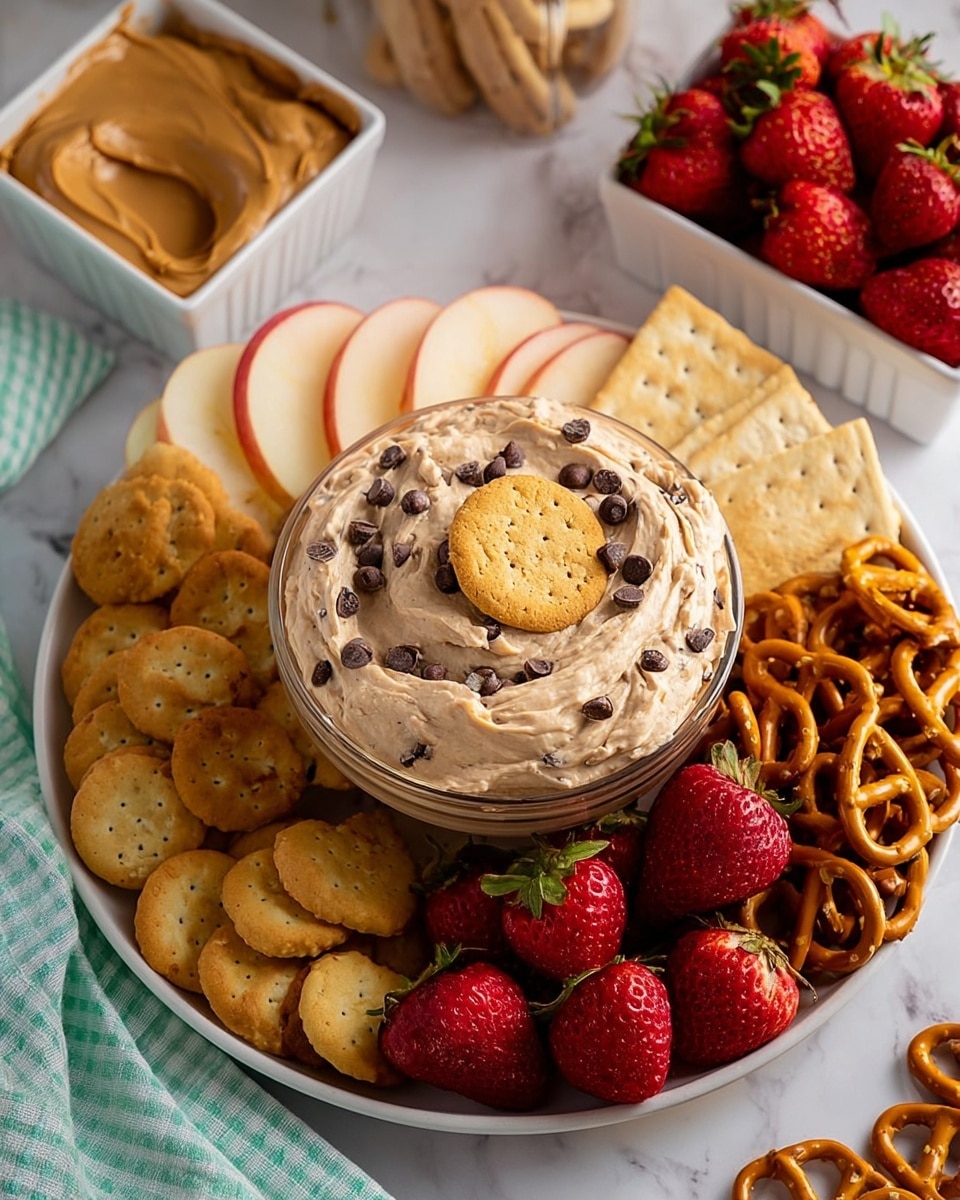 A white round plate holds a central glass bowl filled with creamy light brown dip dotted with small dark chocolate chips, topped with a single round golden cookie in the middle. Around the bowl are four sections: thin red apple slices with white flesh on the upper side, rectangular light tan crackers on the right, bright red strawberries with green leaves on the bottom right, a pile of twisted golden pretzels on the bottom left, and small round golden cookies on the left. In the background, there is a white ramekin filled with smooth peanut butter and a white square bowl with more strawberries, all placed on a white marbled surface. A woman's hand with a green and white checkered cloth is slightly visible on the left side. Photo taken with an iphone --ar 4:5 --v 7