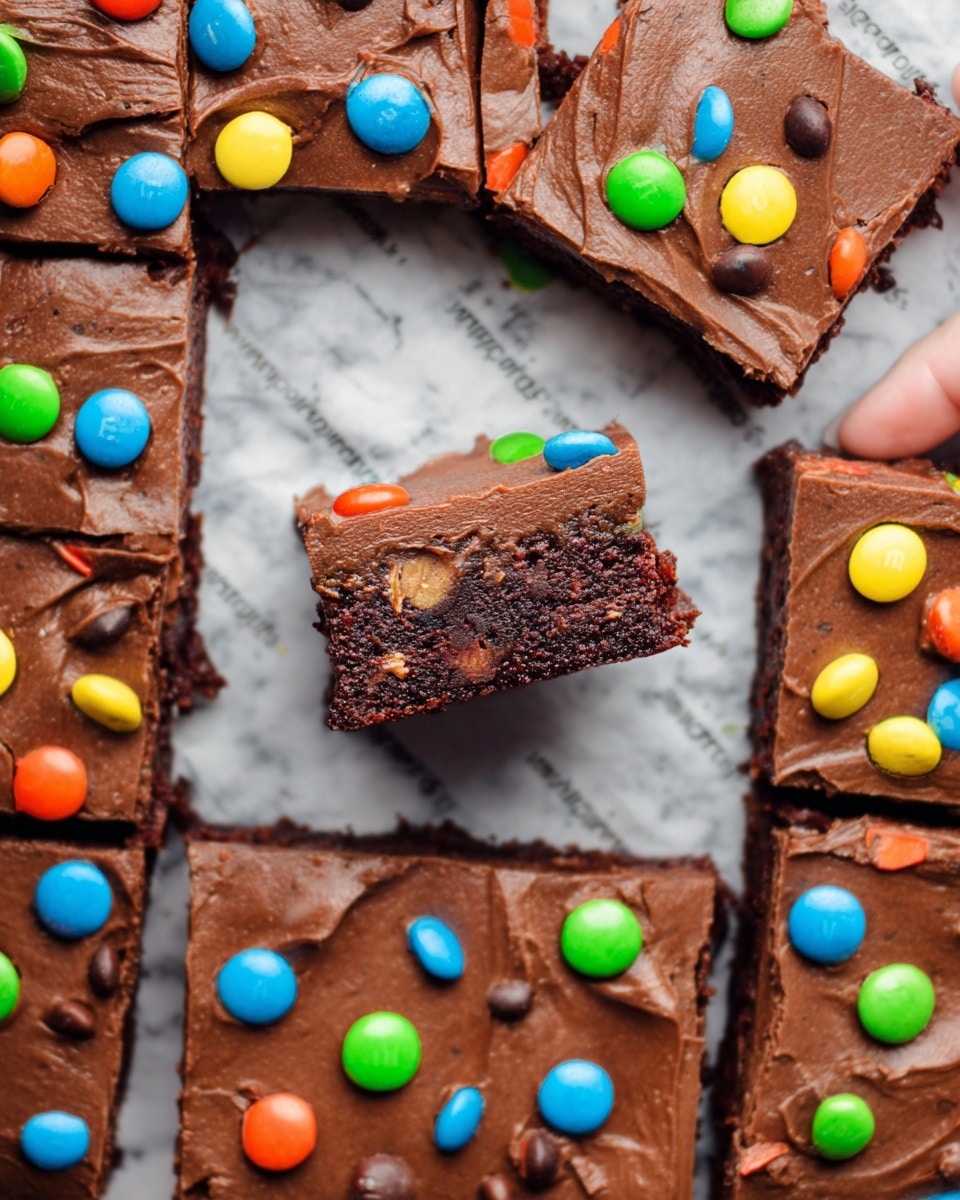 A stack of three thick chocolate brownies is shown, each with a dense, rich dark brown base layer filled with chocolate chunks. The top layer is smooth chocolate frosting with a matte finish, decorated with colorful candy-coated chocolates in red, yellow, green, orange, and blue scattered unevenly on top. The top brownie has a bite taken from the corner, showing a fudgy, moist inside. More candy pieces are scattered around on the white marbled surface beneath the brownies, which rest on a newspaper. photo taken with an iphone --ar 4:5 --v 7