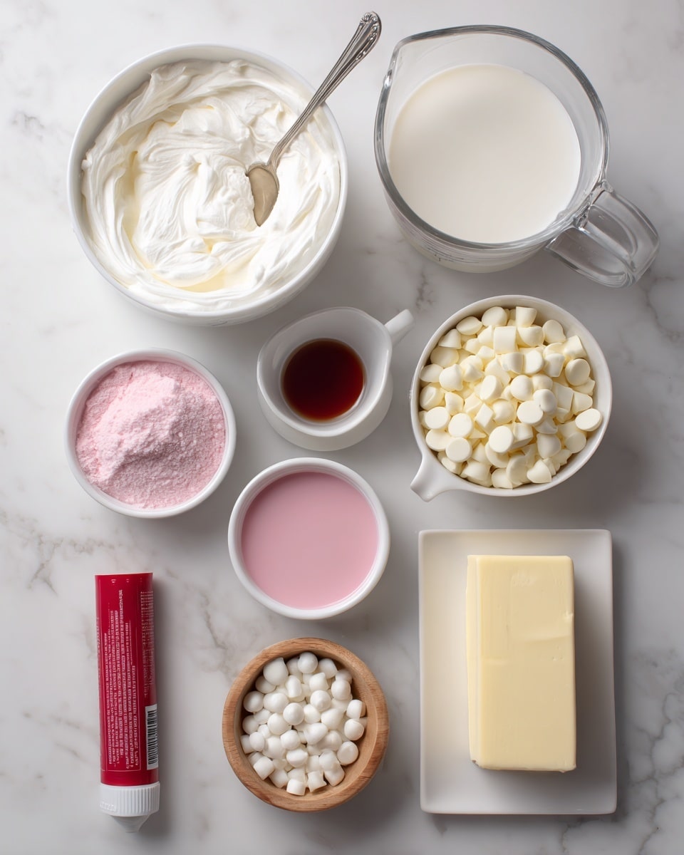 The image shows several ingredients arranged neatly on a white marbled surface. There is a large white container of marshmallow fluff with a silver spoon inside it at the top left. To its right, a clear glass measuring cup holds heavy cream. Below the marshmallow fluff, a small white bowl contains 1 teaspoon of vanilla, and next to it, a slightly bigger white bowl with 2 teaspoons of pink strawberry extract. A small white pitcher holds half and half cream near the center. To the right, a white bowl is filled with white baking chips. On the left side, a red tube of food color sits beside a wooden bowl filled with white sugar. At the bottom right, a square white plate holds a block of butter. Each ingredient is labeled with bold black text showing measurements. Photo taken with an iphone --ar 4:5 --v 7