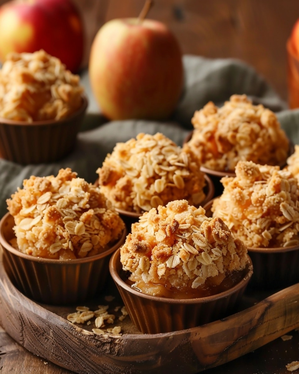 These are small round mini pies with three visible layers: the bottom layer is a light brown, crumbly crust that forms the base and sides, the middle layer consists of small soft apple pieces cooked with cinnamon giving a golden yellow and light brown mixed color, and the top layer is a shiny, light brown caramel glaze that covers the apples, making them look sticky and sweet. The pies are placed directly on a wooden board with a warm brown color and smooth texture. Photo taken with an iphone --ar 4:5 --v 7
