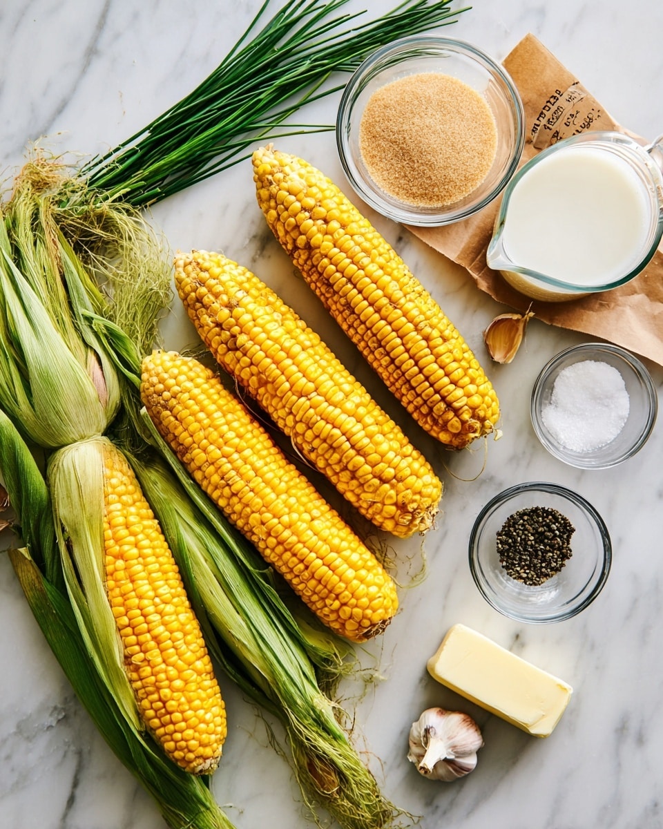 The image shows six ears of yellow corn, some with green husks partially peeled back and some fully exposed, arranged across a white marbled surface. Nearby, there's a small clear bowl of light brown sugar, a bunch of fresh green chives stretching diagonally, a clear bowl of coarse black pepper, another clear bowl of white salt, and four peeled cloves of garlic. A stick of light yellow butter, partially wrapped in brown paper, is positioned near the top right along with a glass measuring cup filled with white milk. Everything is neatly laid out under bright light. Photo taken with an iphone --ar 4:5 --v 7
