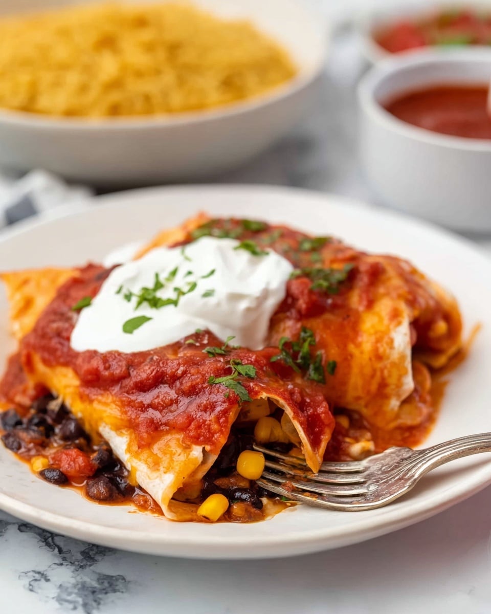A white plate holds a folded orange tortilla filled with black beans and yellow corn, creating the first visible layer at the bottom with a soft and slightly wrinkled texture. On top of this is a layer of melted orange cheese mixed with the tortilla edges, blending smoothly and stretching slightly as a silver fork touches the food from the right side. Covering the folded tortilla is a thick layer of red salsa sauce with visible tomato and onion pieces, scattered with small green herb leaves. On the very top, there is a dollop of white sour cream with a creamy texture. The plate sits on a white marbled surface with out-of-focus sides of a bowl of golden rice and a cup of red sauce in the background. Photo taken with an iphone --ar 4:5 --v 7