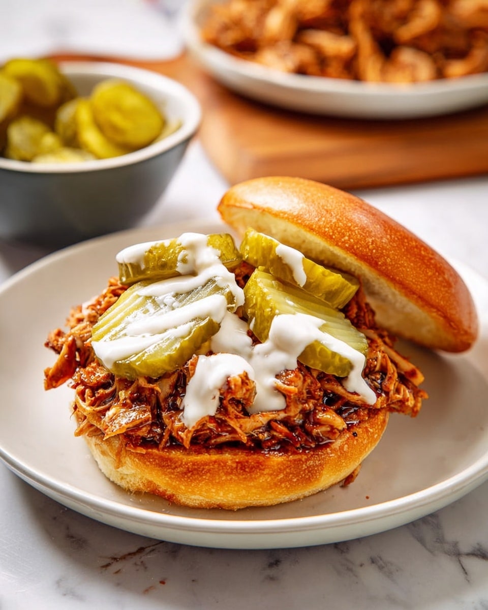 A toasted sandwich bun is open on a white plate, the bottom half topped with a thick layer of shredded, brownish-orange cooked meat with a moist texture. On top of the meat, there are three large, green ridged pickle slices, each drizzled with white creamy sauce. The top half of the bun rests behind the sandwich, showing its golden-brown toasted inside. In the background, there is a bowl with more pickle slices and another white plate with more shredded meat, all placed on a white marbled surface. Photo taken with an iphone --ar 4:5 --v 7