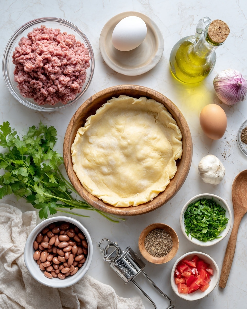 The image shows a top view of ingredients arranged on a white marbled surface with a light cloth in the corner. At the center is a wooden bowl holding smooth pie crust dough with a light golden color. To the left, a clear glass bowl contains tightly packed pink ground beef, and below it sits a white cup filled with shiny brown baked beans. Next to the beans, fresh green cilantro leaves rest directly on the surface. Above the baked beans is a tall green bottle of olive oil. To the right of the pie crust is a whole white egg, with a whole white onion and two purple-striped garlic bulbs nearby. A small wooden bowl with a mix of brown and black seasonings is placed next to the egg, and beside it is a metal garlic press. Two small white bowls hold finely chopped bright green cilantro and diced vibrant red bell pepper. A wooden spoon filled with salt and pepper is at the bottom left. The scene is calm and organized, perfect to start cooking. Photo taken with an iphone --ar 4:5 --v 7