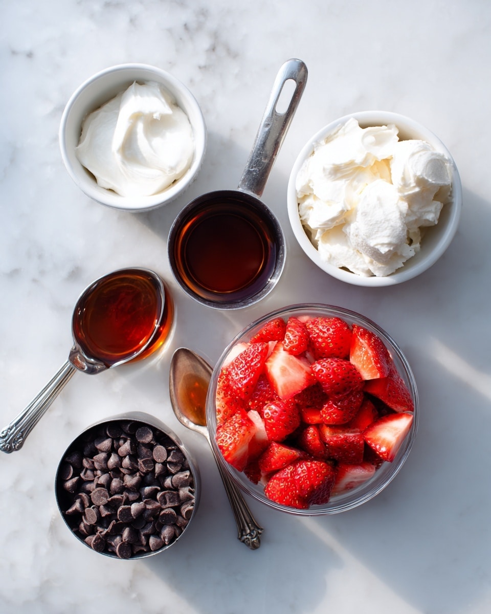 The image shows five small containers with ingredients on a white marbled surface. The center has a clear glass bowl filled with chopped strawberries, bright red and juicy. To its lower right is a silver measuring cup filled to the top with small dark chocolate chips. Below the strawberries to the left is a silver measuring spoon holding a dark amber syrup. Behind it on the left is a larger silver measuring cup filled with thick white cream. At the top of the image is a white bowl holding a blob of white solid fat. To the right of the strawberries is a silver measuring spoon filled with dark amber vanilla extract. All ingredients are neatly arranged and captured with soft natural light. Photo taken with an iphone --ar 4:5 --v 7
