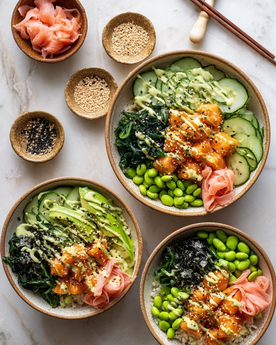 A black bowl filled with a base layer of white rice, topped with flakes of cooked salmon that have a light orange color and shiny texture. On one side, there are bright green edamame beans and several long, thin slices of light green cucumber. Next to the cucumber, slices of avocado fan out with a smooth, creamy pale green color. There are small pieces of dark green seaweed scattered on top, and some bits of pink pickled ginger placed near the salmon and cucumber. A drizzle of creamy white sauce with black sesame seeds is spread lightly over the salmon. The bowl is on a white marbled surface, with small bowls and plates nearby holding more salmon flakes, pickled ginger, and sesame seeds. A pair of wooden chopsticks rests on a small wooden stand in the foreground. Photo taken with an iphone --ar 4:5 --v 7
