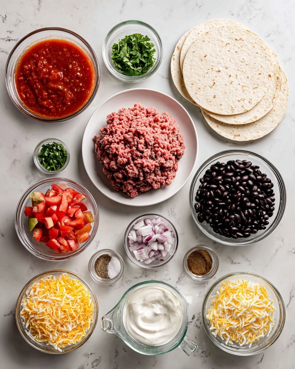 The image shows various ingredients neatly placed on a white marbled surface, each in clear glass bowls or on white plates. There are three light beige tortillas stacked on the upper right side. Below, a white plate holds 1 pound of raw ground beef with a pinkish-red color and a coarse texture. To the left, a glass bowl contains bright red salsa, and next to it, a glass bowl filled with black beans, which are dark and shiny. Small glass bowls contain diced white onion, chopped tomatoes, and green chilis with dark green pieces. There are two more glass bowls with shredded cheeses: one with yellow cheddar and another with pale Monterey Jack. A small cup of chopped green cilantro sits near the top left. Seasonings are shown in tiny bowls: one with brown taco seasoning powder, another with coarse salt, and a third with black pepper, alongside a cup of white sour cream with a small silver spoon. A clear measuring cup has water. All elements are spaced out clearly with labeled text over each ingredient. Photo taken with an iphone --ar 4:5 --v 7