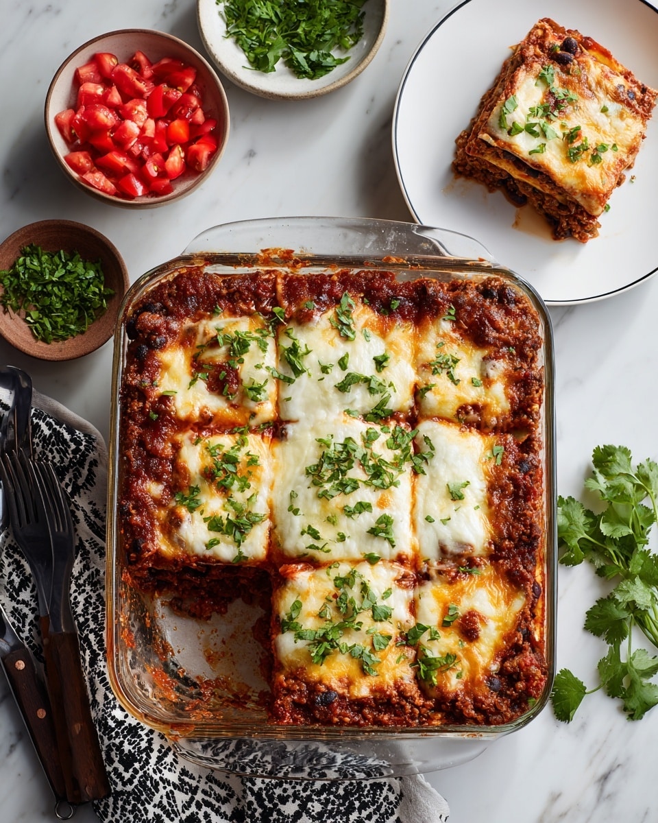A clear glass rectangular casserole dish sits on a white marbled surface, filled with a layered baked dish showing six thick layers. The bottom layer is rich red tomato sauce, followed by a dark brown layer of ground meat mixed with black beans. Over this is a creamy white melted cheese layer, topped by a layer of golden-yellow melted cheese, both spread unevenly creating a textured surface. Fresh green chopped herbs are sprinkled on top. One square piece is removed, showing the layers clearly, while the removed piece is placed on a white plate with thin dark trim at the top right of the image. To the top left, there are small bowls with red diced tomatoes and green chopped herbs. Bright red tomatoes and fresh green herbs are arranged around the dish on the marble surface, with a black and white patterned cloth and utensils visible at the bottom left. Photo taken with an iphone --ar 4:5 --v 7