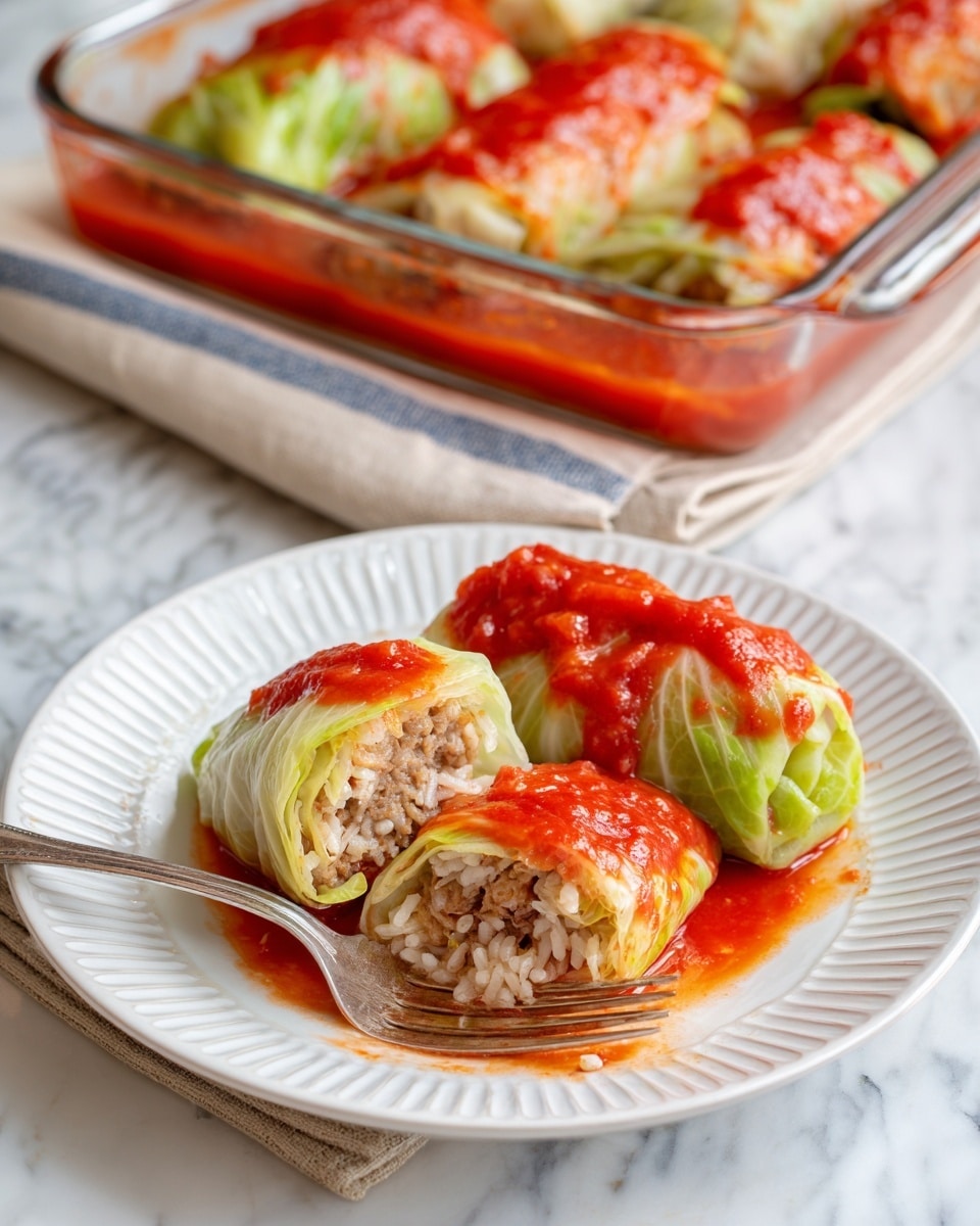 The image shows three stuffed cabbage rolls on a white plate with a ridged edge, each covered in bright red tomato sauce with a slightly chunky texture. The cabbage leaves are pale green and tender, wrapping a filling of light brown ground meat mixed with white rice, visible on the fork in the foreground. The fork holds a piece of cabbage roll close to the camera, showing the moist filling inside with bits of cabbage leaf. The plate sits on a white marbled surface, and behind it, a rectangular glass baking dish with more cabbage rolls and tomato sauce is partially visible, resting on a beige cloth with a thin blue stripe. Photo taken with an iphone --ar 4:5 --v 7