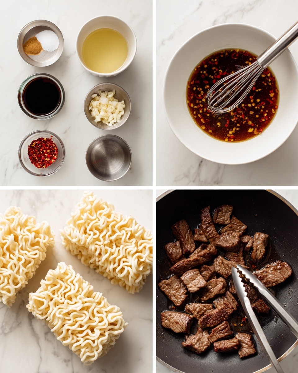 The image shows four close-up views of ingredients and cooking process on a white marbled surface. The top left section displays small containers holding different liquids and powders arranged neatly, including a dark soy sauce, a pale yellow liquid, a metal cup with minced garlic, and chili flakes in a small white bowl. The top right section shows a white bowl filled with a brown sauce mixed with red chili flakes, with a metal whisk resting in it. The bottom left section features two blocks of uncooked ramen noodles, pale yellow and textured with wavy patterns. The bottom right section shows pieces of seared, browned beef strips in a black pan with metal tongs touching the meat. The overall look is clean and organized, focusing on the ingredients and cooking steps for a meat and noodle dish photo taken with an iphone --ar 4:5 --v 7