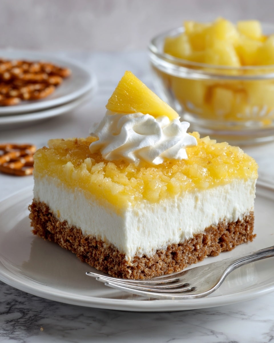 A dessert slice on a white plate has three layers: a bottom layer of brown crumbly pretzel crust, a thick middle layer of smooth white cream, and a top layer of bright yellow crushed pineapple. On top of the pineapple is a small swirl of white whipped cream with a triangular pineapple piece. A fork on the plate holds a small piece of the dessert showing all the layers. Around the plate, there are scattered pretzels and a glass bowl filled with more chunky yellow pineapple pieces on a white marbled surface. Photo taken with an iphone --ar 4:5 --v 7