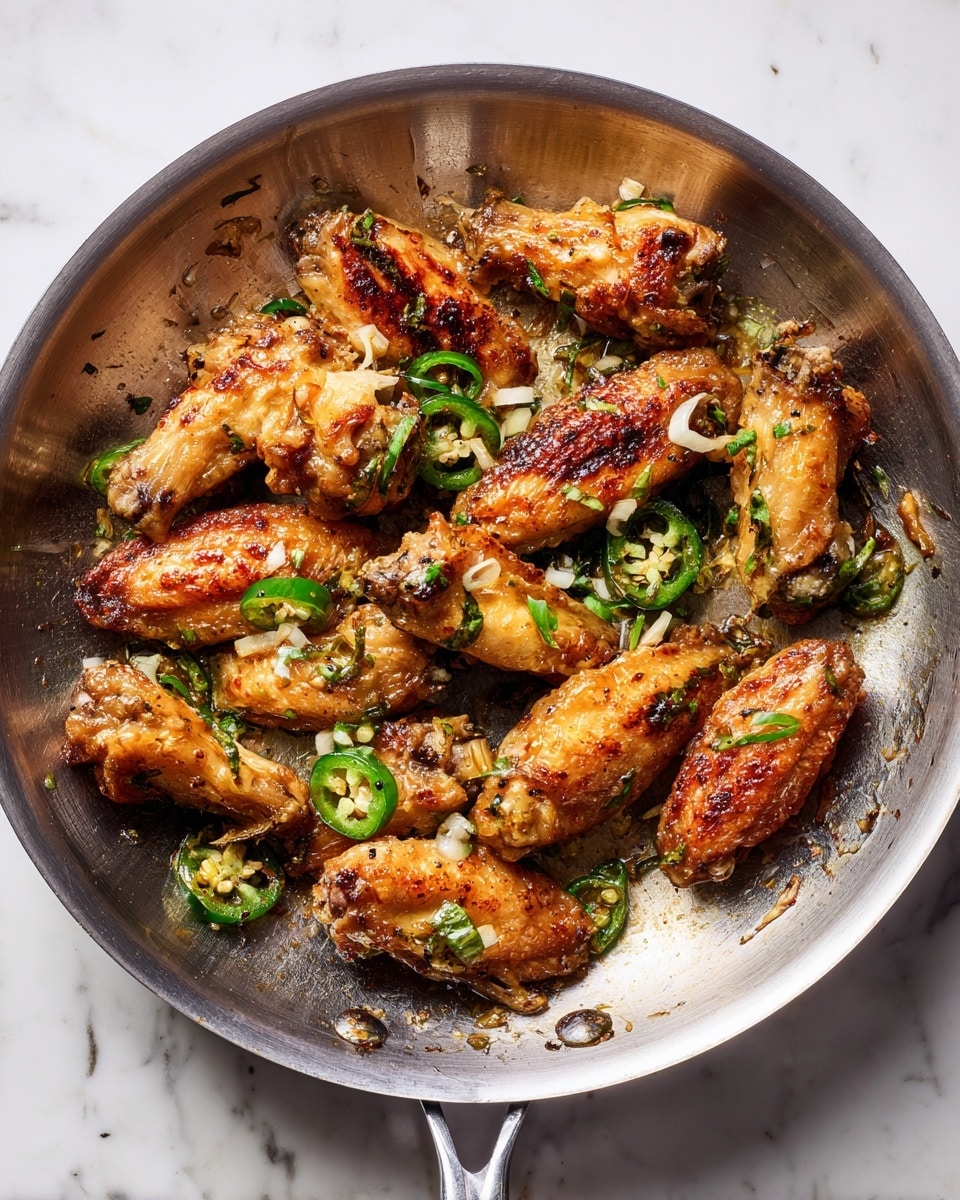 A steel skillet filled with 15 golden brown cooked chicken wings, each with crispy skin and some slightly darker edges. The wings are scattered with thin white slices of onion and bright green slices of jalapeño peppers. Small bits of green herbs and minced garlic pieces are spread evenly over the wings. The skillet shows some light oil spots and slight food residue around the edges. The dish sits on a white marbled surface. photo taken with an iphone --ar 4:5 --v 7