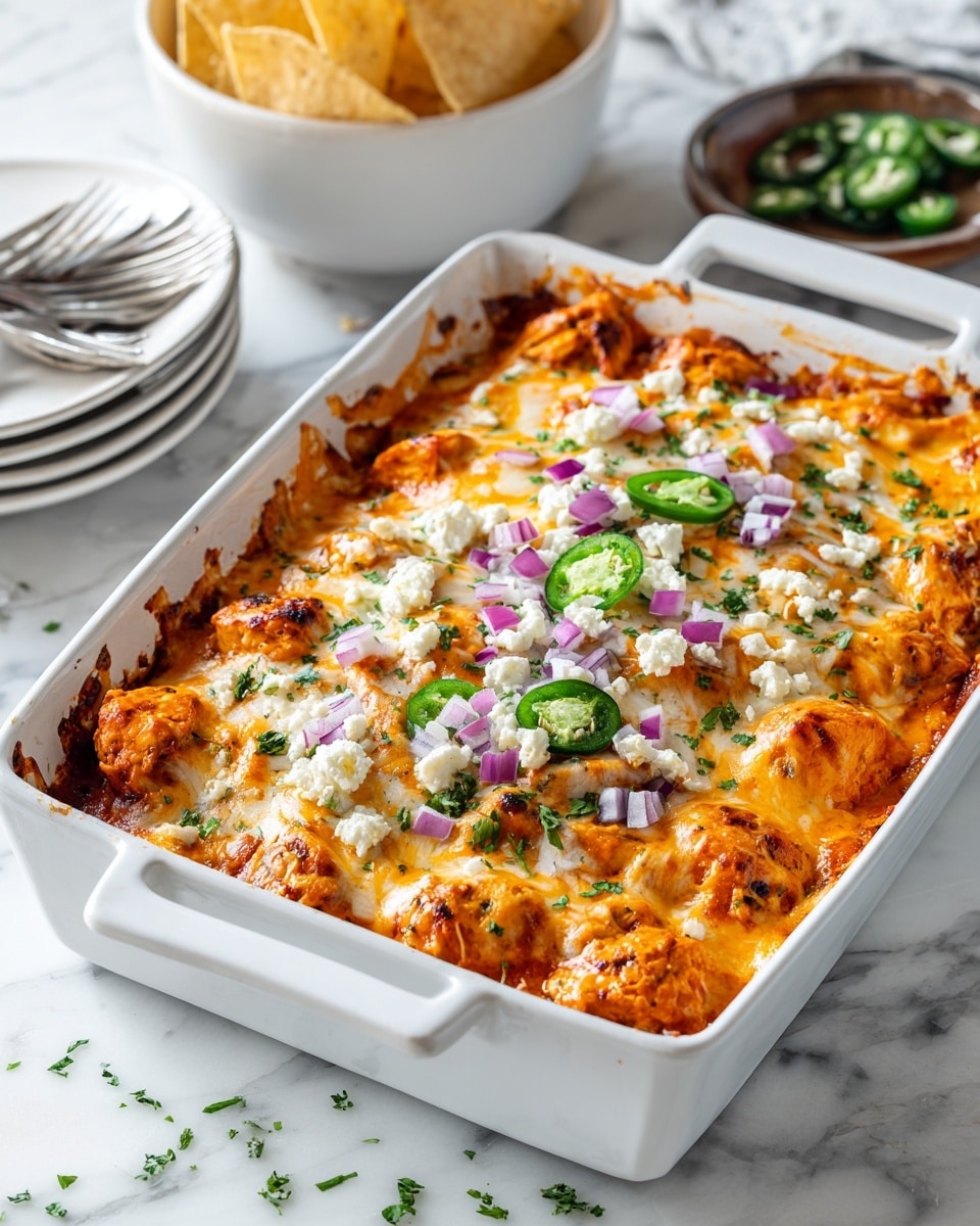 A white rectangular baking dish shows a layered baked dish. At the bottom is a tomato-based sauce with chunks of red peppers and seasoned grilled chicken pieces. On top of the sauce and chicken, there is a thick layer of melted orange and white cheese, browned slightly in spots. The dish is garnished with small diced purple onions, green jalapeño slices, and chopped green herbs scattered over the melted cheese. The white marbled surface beneath the dish has some small bits of herbs nearby. In the background, there is a white bowl filled with tortilla chips, and to the side, a few metal forks are stacked. Photo taken with an iphone --ar 4:5 --v 7