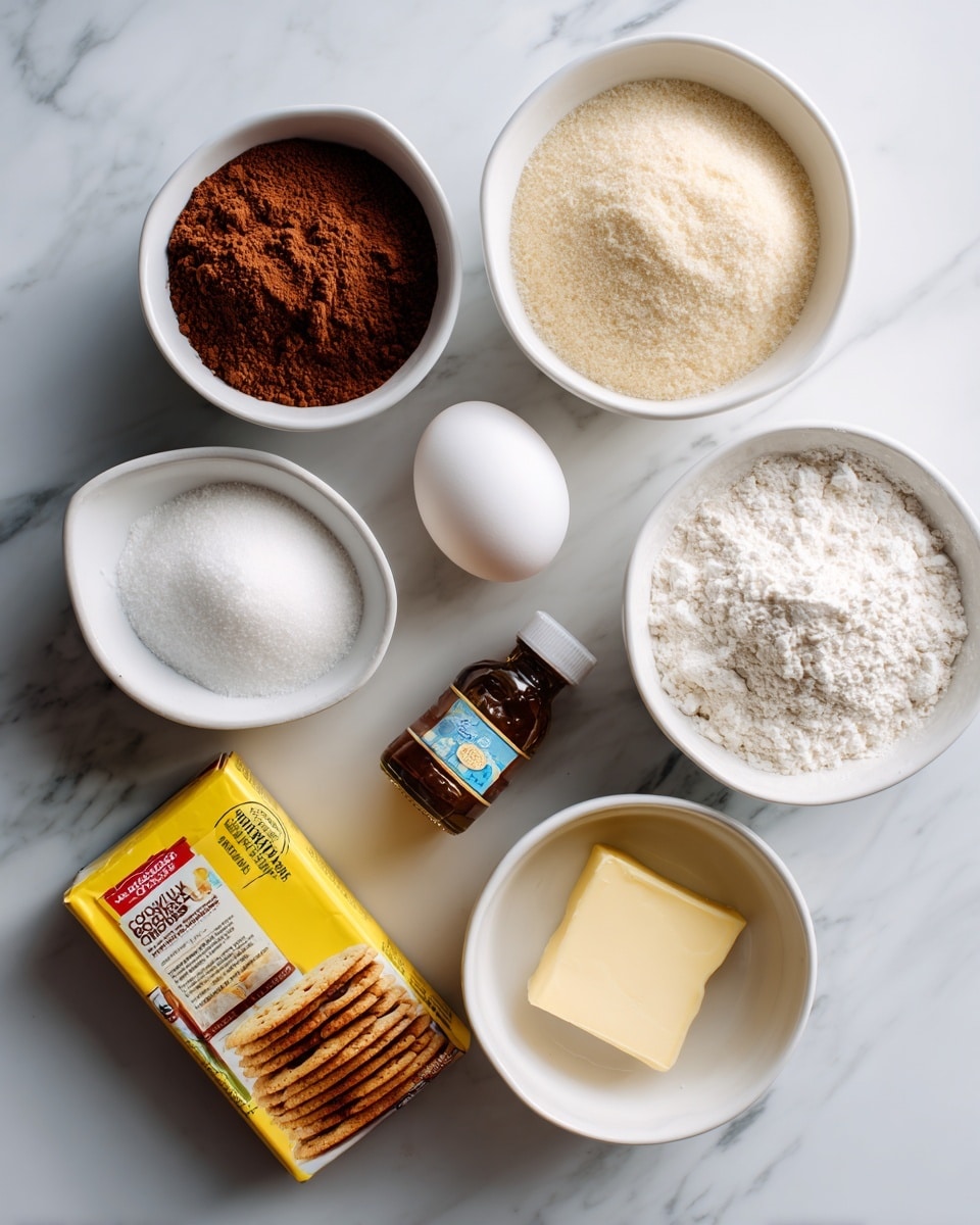 The image shows baking ingredients laid out on a white marbled surface. There are five small white bowls arranged in a loose semi-circle, each containing different ingredients: cocoa powder with a rich brown color, white sugar with a fine texture, light brown sugar with a grainy texture, and white flour with a powdery look. In the middle of the bowls, there is a white egg, a small brown bottle of vanilla extract, and a stick of pale yellow butter, still in its wrapper. A yellow package of semi-sweet chocolate with cookies pictured on the cover is also visible. The scene looks bright and organized, ready for baking photo taken with an iphone --ar 4:5 --v 7