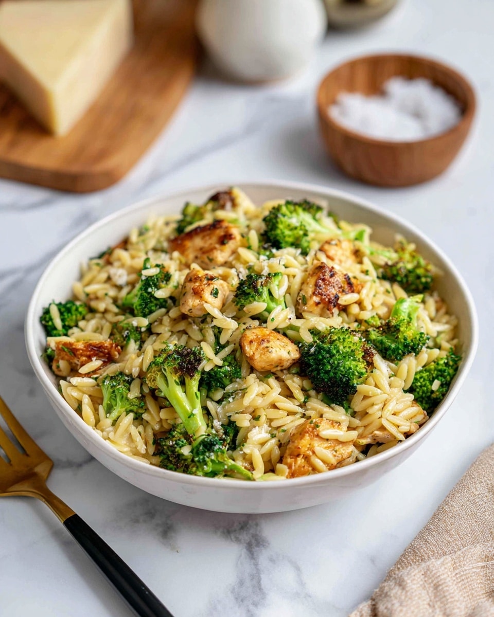 The image shows a white bowl filled with a mix of orzo pasta, small pieces of cooked chicken, and bright green broccoli florets evenly distributed throughout. The orzo is light yellow and has a smooth texture, while the broccoli adds a fresh and slightly rough texture with some charred spots. The chicken pieces are golden brown on the edges, adding a crispy contrast to the soft pasta and broccoli. The bowl sits on a white marbled surface with a wooden bowl of coarse salt on the side, a chunk of cheese, and a white jar in the blurred background. A gold and black fork is placed near the bowl, and a beige napkin is partially visible in the corner. photo taken with an iphone --ar 4:5 --v 7