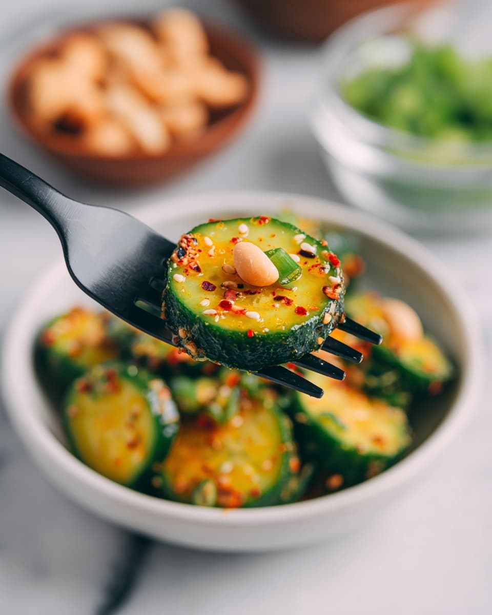 A close-up of two green cucumber slices with dark green edges held on a black fork, coated in a shiny yellowish sauce with small orange and white bits, sprinkled with red pepper flakes and sesame seeds. In the background, there is a white bowl filled with more cucumber slices mixed with green onion pieces and bits of the same orange and red seasoning. A blurred glass bowl with green sliced vegetables and a blurred white bowl with light brown nuts sit on a white marbled surface. photo taken with an iphone --ar 4:5 --v 7