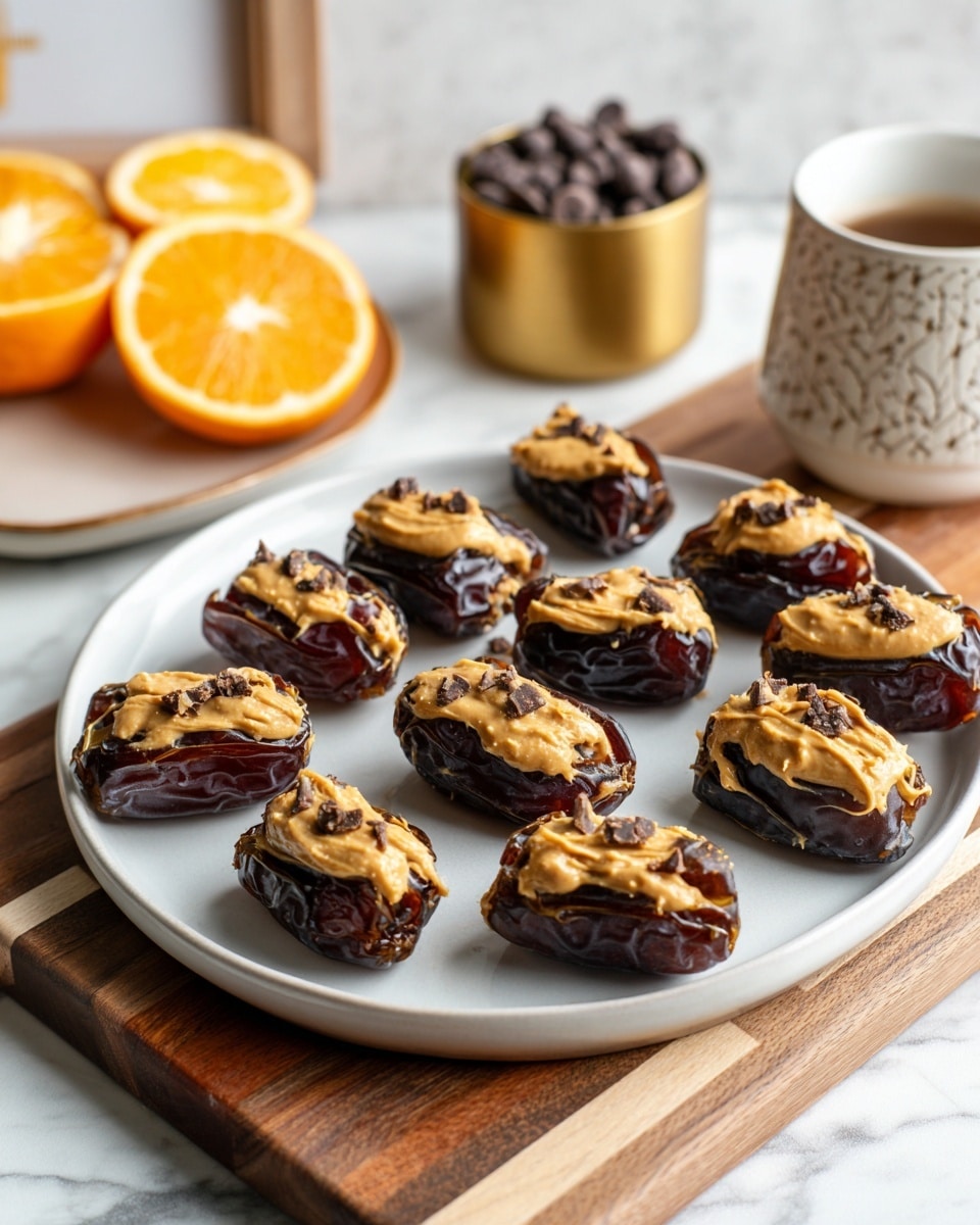 The image shows a white plate with twelve dark brown dates arranged in three rows. Each date is stuffed with a thick layer of light brown peanut butter, visible on the top surface and slightly uneven, showing small peanut bits. The plate sits on a wooden cutting board with a mixed brown pattern. In the background, there is a gold cup filled with dark chocolate chips and a blurred framed picture showing halves of an orange fruit. The surface beneath all items is a white marbled texture. Photo taken with an iphone --ar 4:5 --v 7