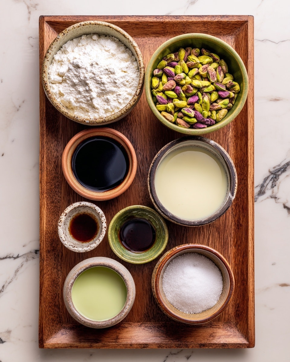 A wooden tray holds eight small ceramic bowls arranged neatly. The largest bowl, beige with a rustic look, is filled with green and purple pistachios and is placed near the center right. A large green bowl full of white flour sits at the top left corner. Below it are two small bowls with dark liquids, one black and the other dark brown, placed side by side. At the top right is a tall light brown bowl filled with white sugar, next to a greenish bowl with a pale yellow liquid, likely cream or milk. Near the bottom left corner, there is a small bowl with a light green liquid. At the bottom right, a small bowl contains a white powder, and next to it is a small bowl with a greenish liquid. The tray is on a white marbled surface. Photo taken with an iphone --ar 4:5 --v 7