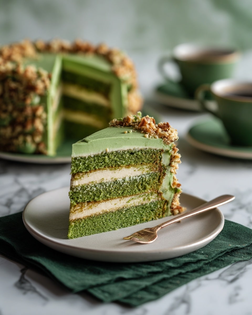 The image shows a slice of green layered cake on a white plate. The cake has three visible layers of green sponge with two layers of green creamy frosting in between. The outside is covered in the same green frosting and topped with crushed nuts or crumbs that add texture. The cake slice is placed on a folded dark green cloth on a white marbled surface. In the background, the rest of the cake is visible, slightly out of focus, with the same green layers and crumb topping. The photo taken with an iphone --ar 4:5 --v 7