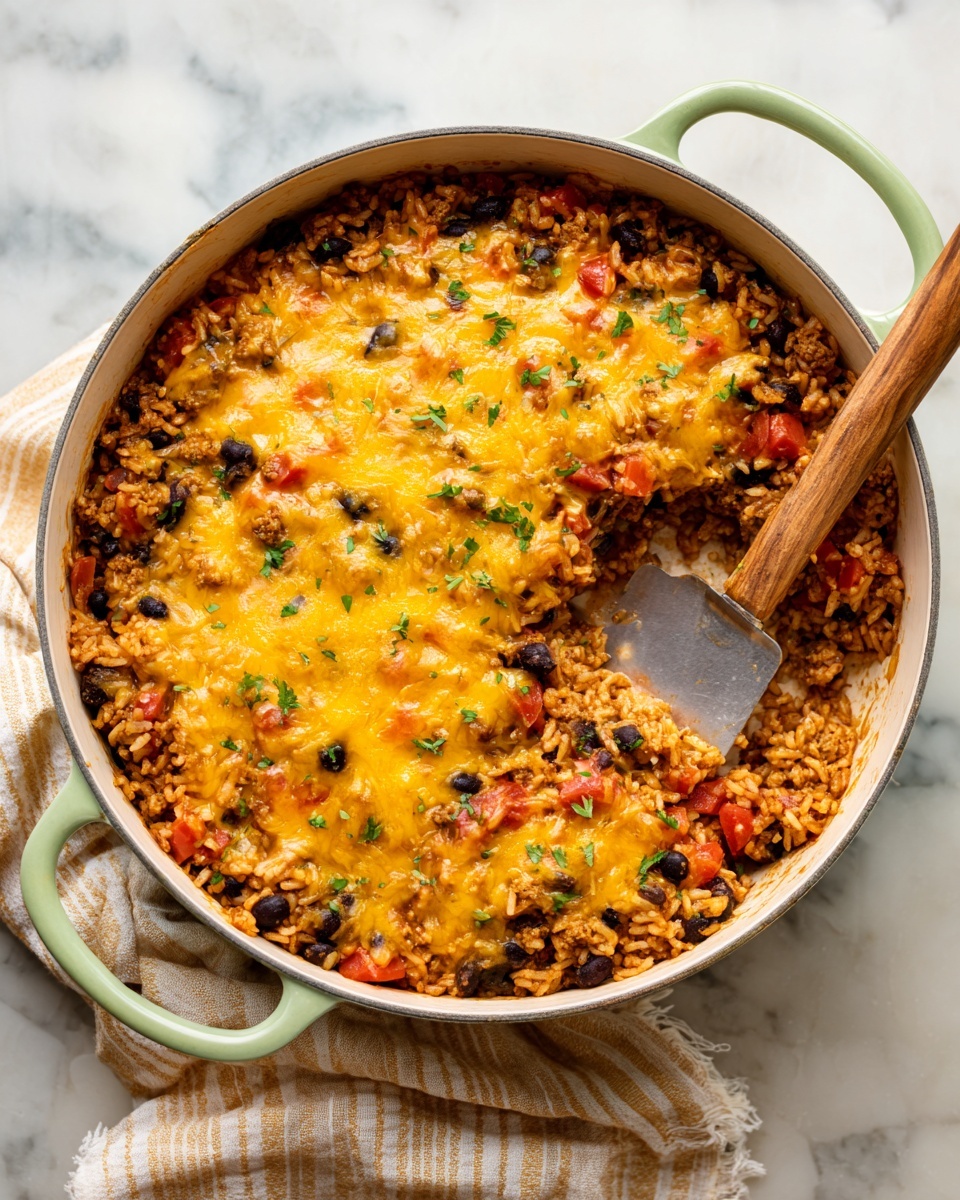 A large white pot with a light green handle holds a cheesy rice dish with two visible layers; the bottom layer is a mix of ground meat, black beans, diced red tomatoes, and rice with a brown and red texture, while the top layer is a melted bright yellow cheese spread evenly across the surface. A large metal spatula with a wooden handle rests inside the pot, slightly lifting a portion of the dish, showing the layers clearly. The pot sits on a white marbled surface with a beige and white striped cloth partly visible at the bottom. photo taken with an iphone --ar 4:5 --v 7