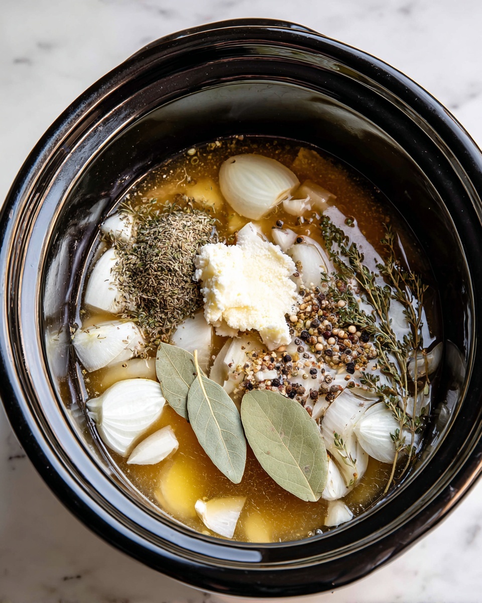 Inside a black slow cooker, there is a mix of sliced white onions in pale cream color floating on top of a clear, amber broth that fills the cooker halfway. On top of the onion slices sits a small mound of soft, pale yellow butter, next to a pile of dried brownish-green herbs. Scattered garlic bits and black pepper flakes are spread around the surface. Two large whole bay leaves, light green and slightly leathery, rest near the bottom edge inside the broth. The image is set on a white marbled surface. Photo taken with an iphone --ar 4:5 --v 7