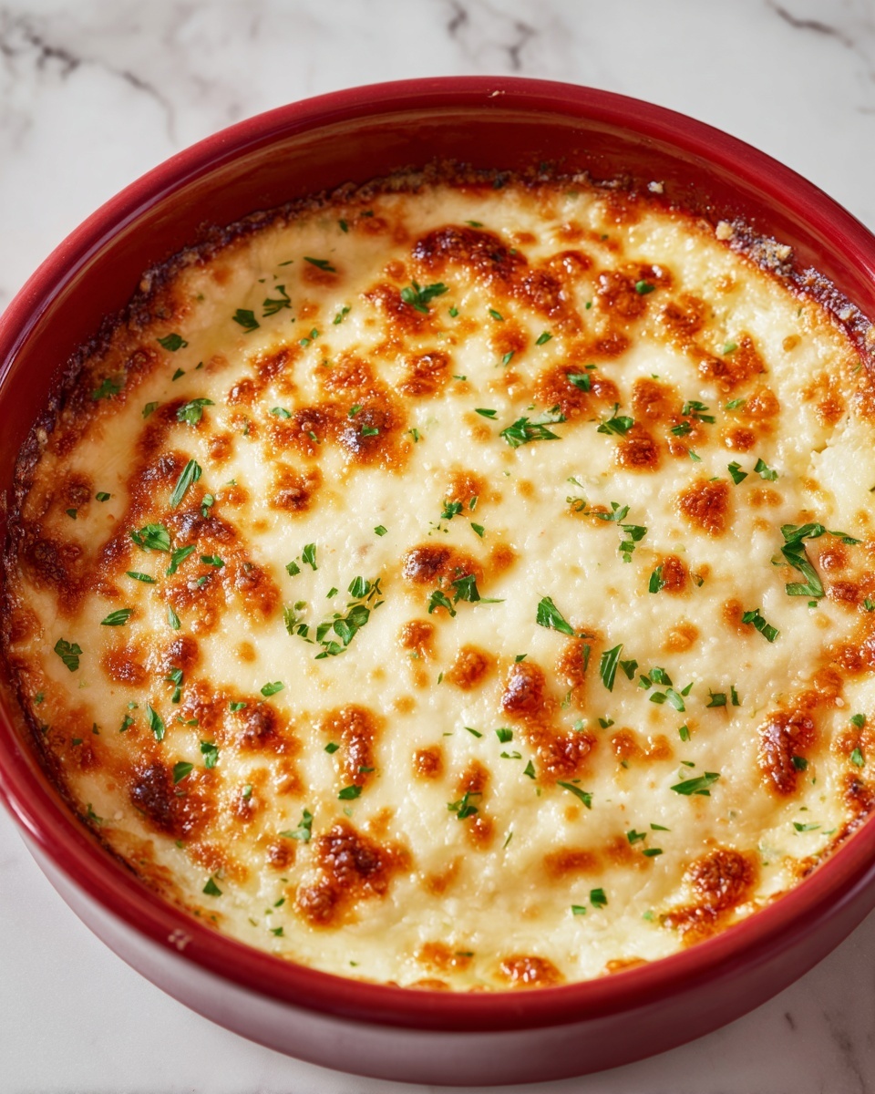 The image shows a round dish filled with a golden brown, bubbly layer of melted cheese on top. The cheese has a slightly crispy, browned edge all around the red ceramic dish, with small patches of fresh green parsley scattered across the surface. The cheese layer looks rich and smooth with some browned spots indicating it has been broiled, and the red dish contrasts nicely with the white marbled background. photo taken with an iphone --ar 4:5 --v 7
